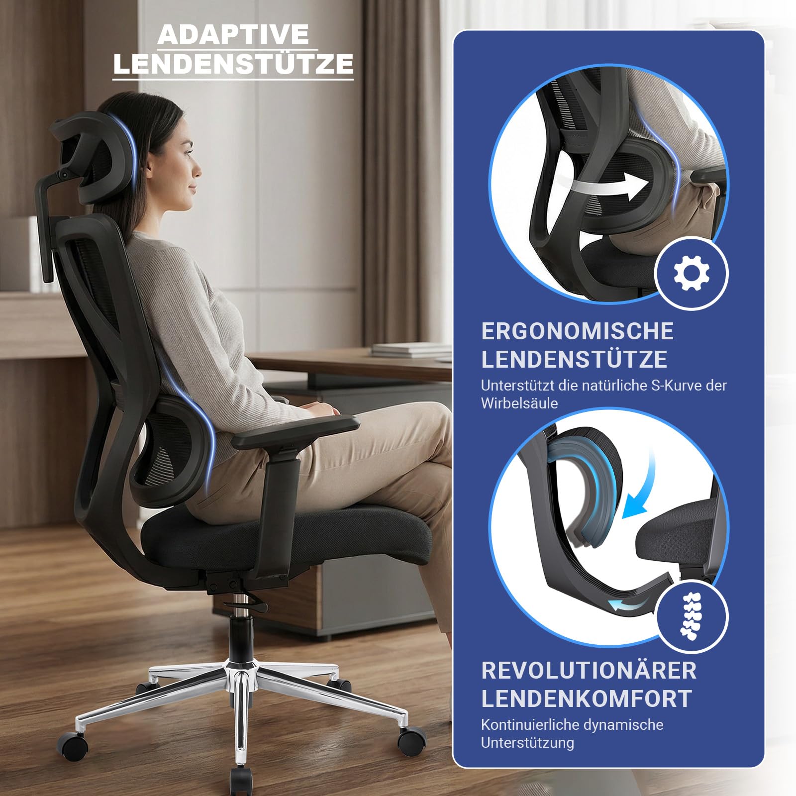 MELOKEA Bürostuhl Ergonomisch 150 kg, Federkern-Sitzpolster | Schreibtischstuhl für Homeoffice und langes Sitzen mit dynamischer Lendenstütze, 3D-Armlehnen und EN1335