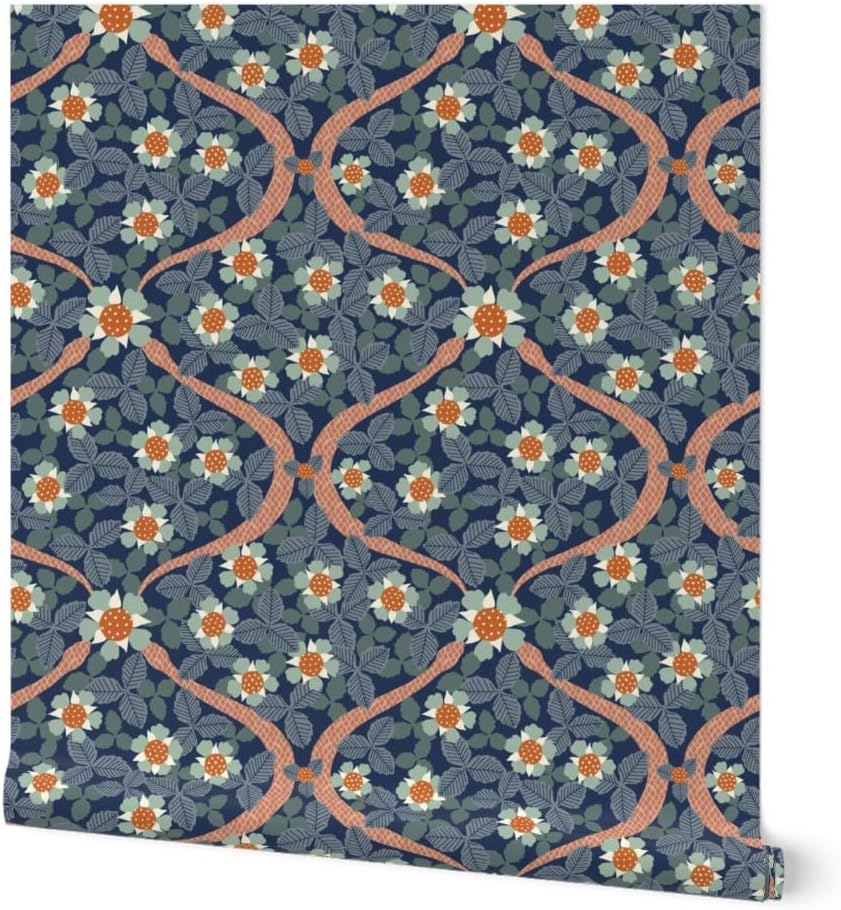 Peel & Stick Wallpaper 3ft x 2ft - Floral Navy Botanical Dark Blue Snake Arts and Crafts Maximalist Strawberry Art Nouveau Medium Scale Custom Removable Wallpaper by Spoonflower