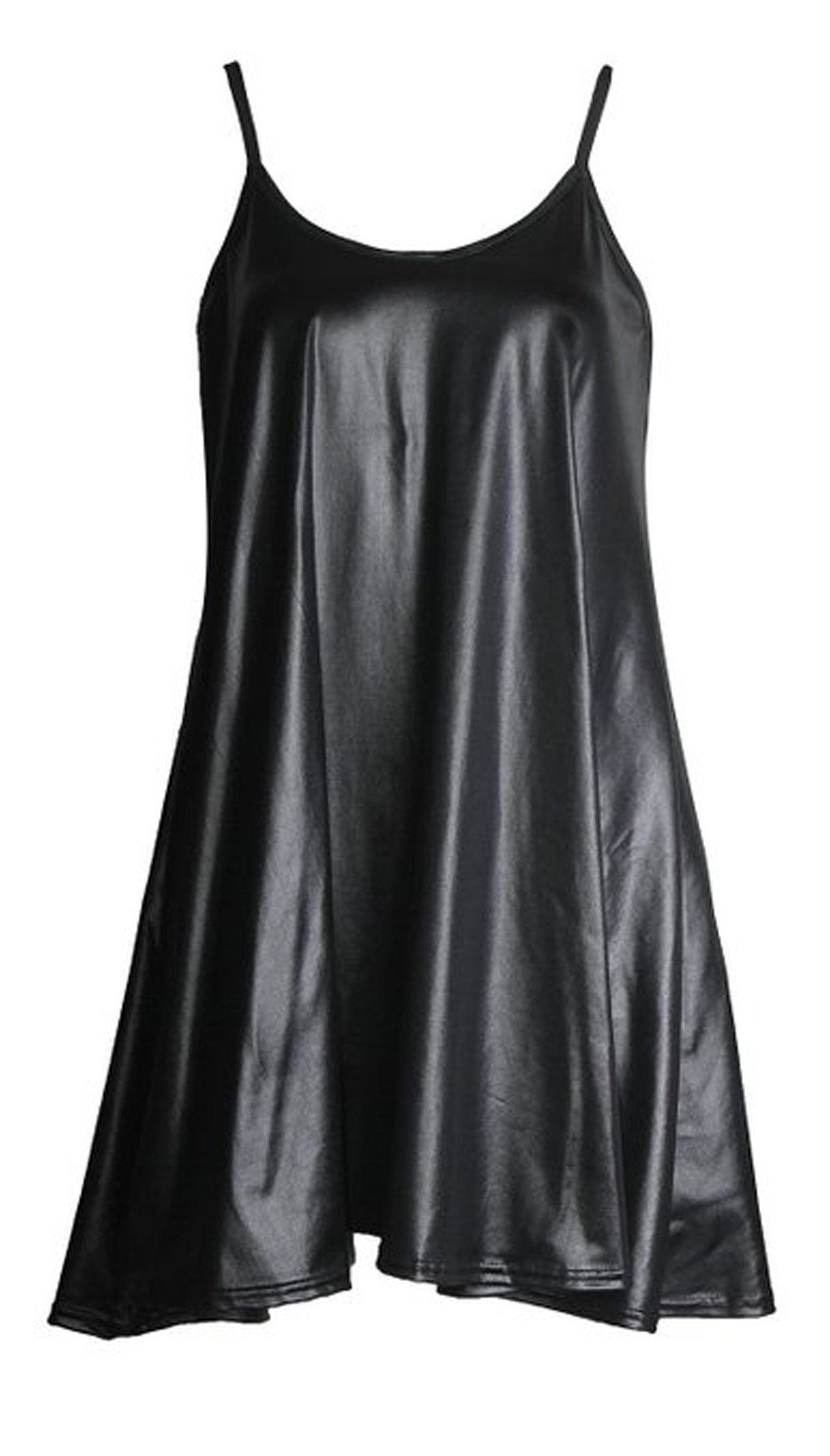 Girlzwalk Women's Wet Look Black New Camisole Cami Flared Skater Strappy Swing Mini Dress Vest Top