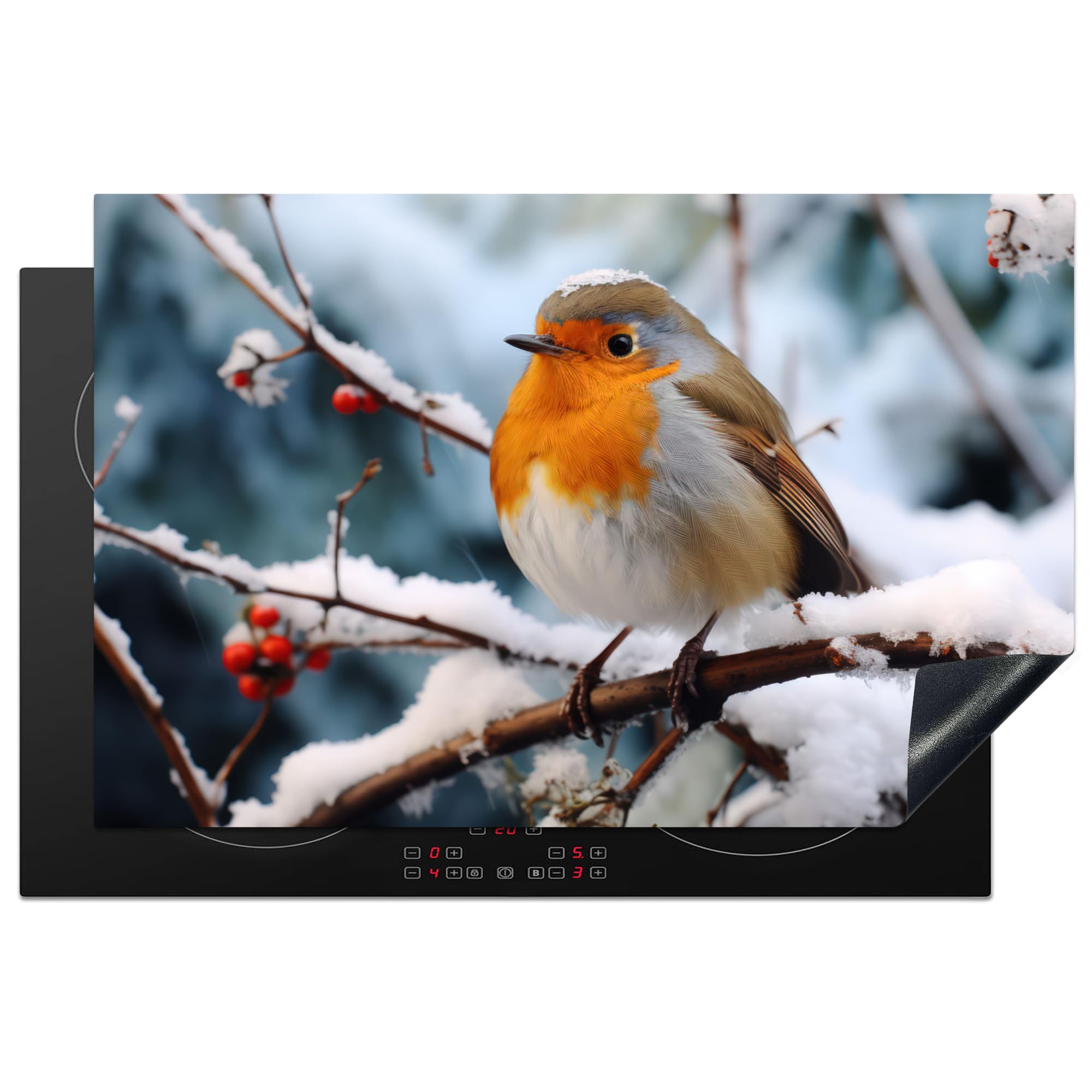 KitchenYeah© Induction Hob Protector Mat 20.5"x31.5" / 80.2x52.2 cm Stove Cap Top Cover Kitchen Cooker Covers for Electric Hobs Vinyl Robin - Winter - Snow - Bird - Nature