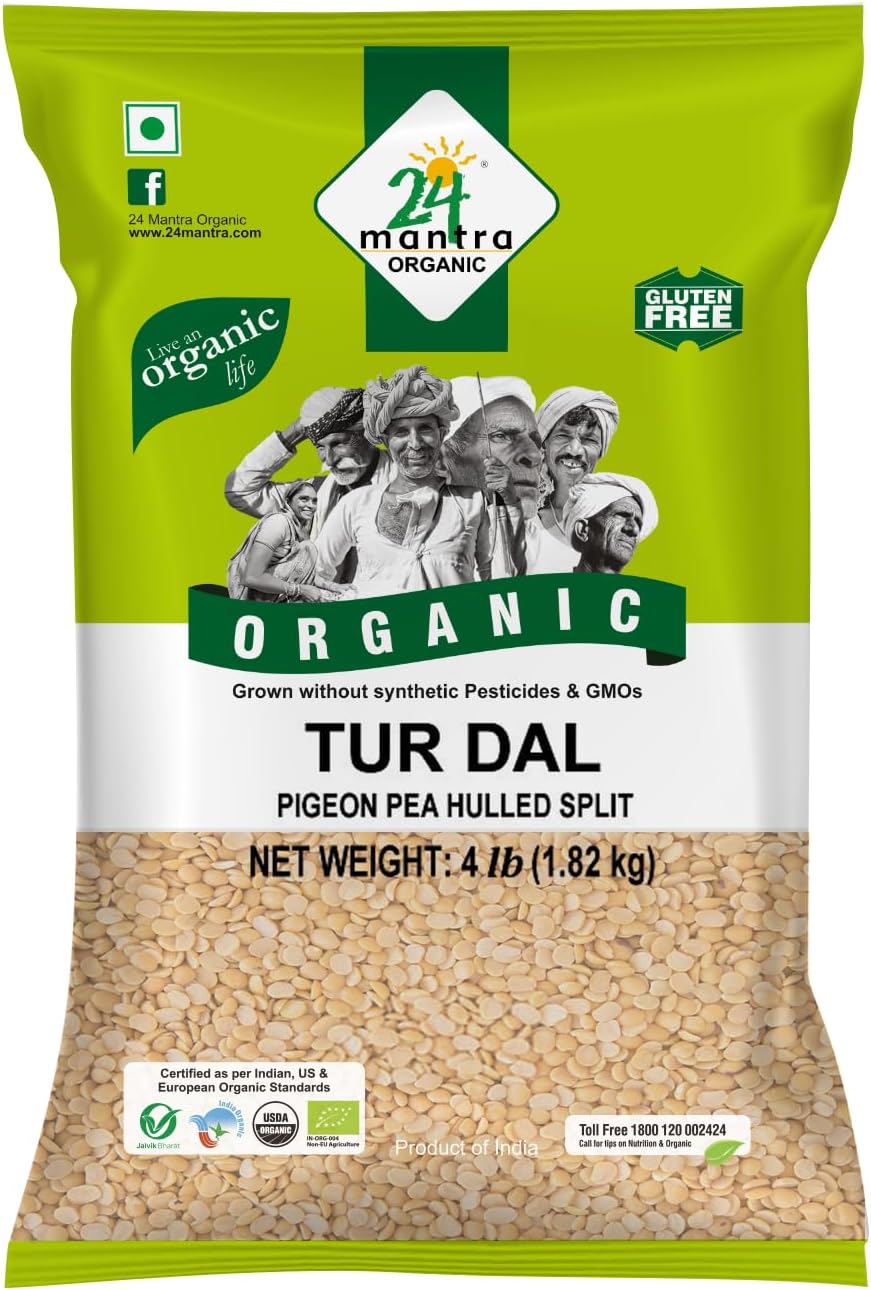 24 mantra organic Toor Dal - Split Pigeon Peas (Toor Dal) -USDA Certified - European Union Certified -Pesticides Free - Adulteration Free - Sodium Free - 4 Lbs -
