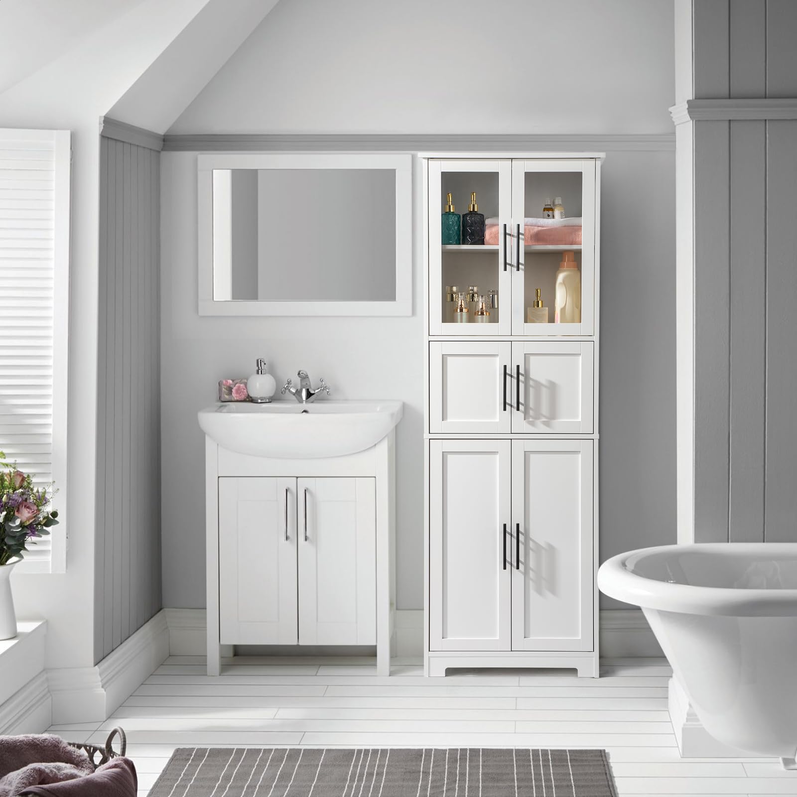 LEADZM Credenza da cucina alta, mobile per riporre oggetti, armadio, ampio spazio con 4 ante, due cassetti per soggiorno, camera da letto, ufficio, 60 x 30 x 170 cm (6 porte)
