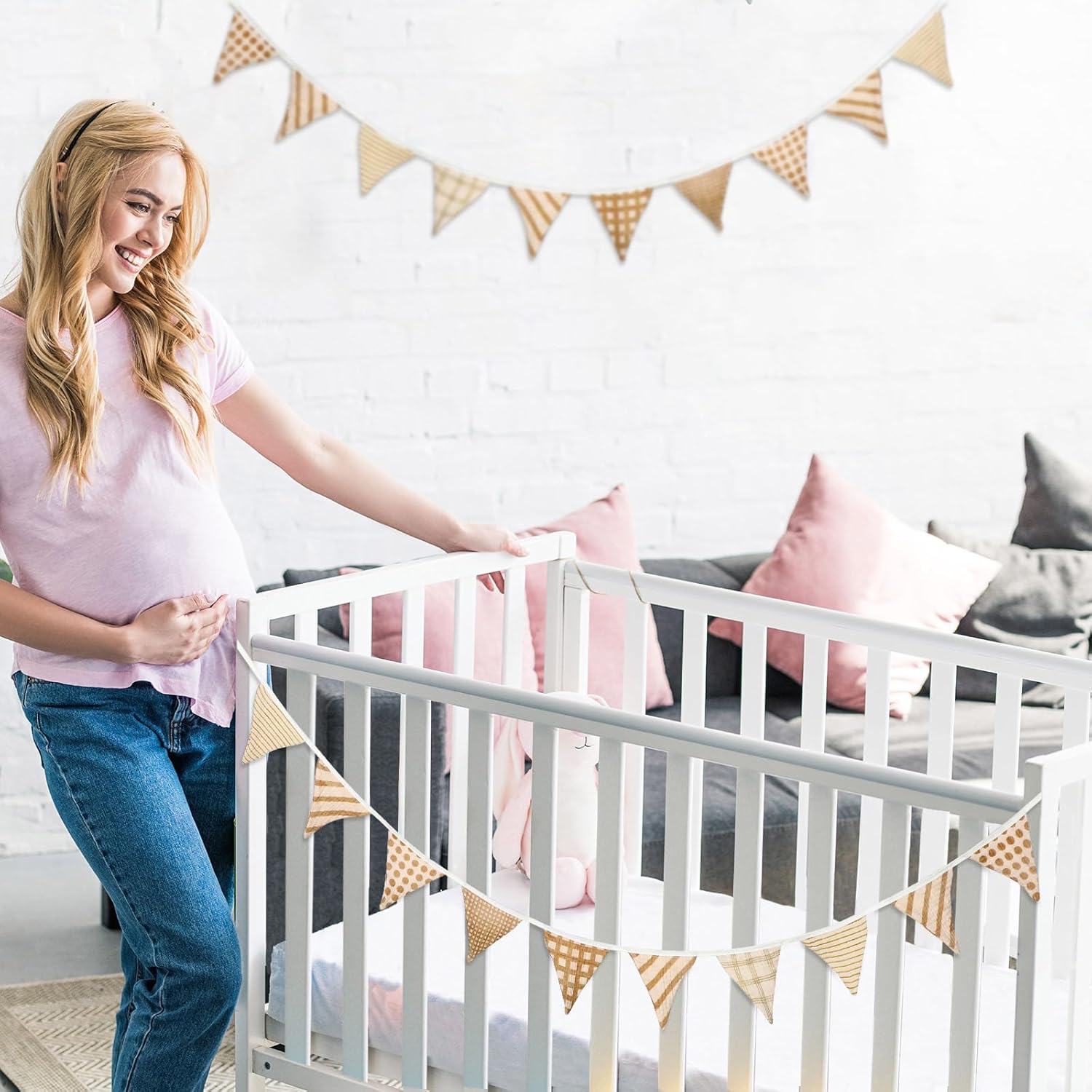 Oudain 2 Pcs Pennant Banner Flags Nursery Garland Triangle Bunting Flags Playroom Wall Decor Banner for Nursery Baby Shower Birthday Boho Wedding Party Event, Each 7.75 ft(Vivid Color) - Image 5