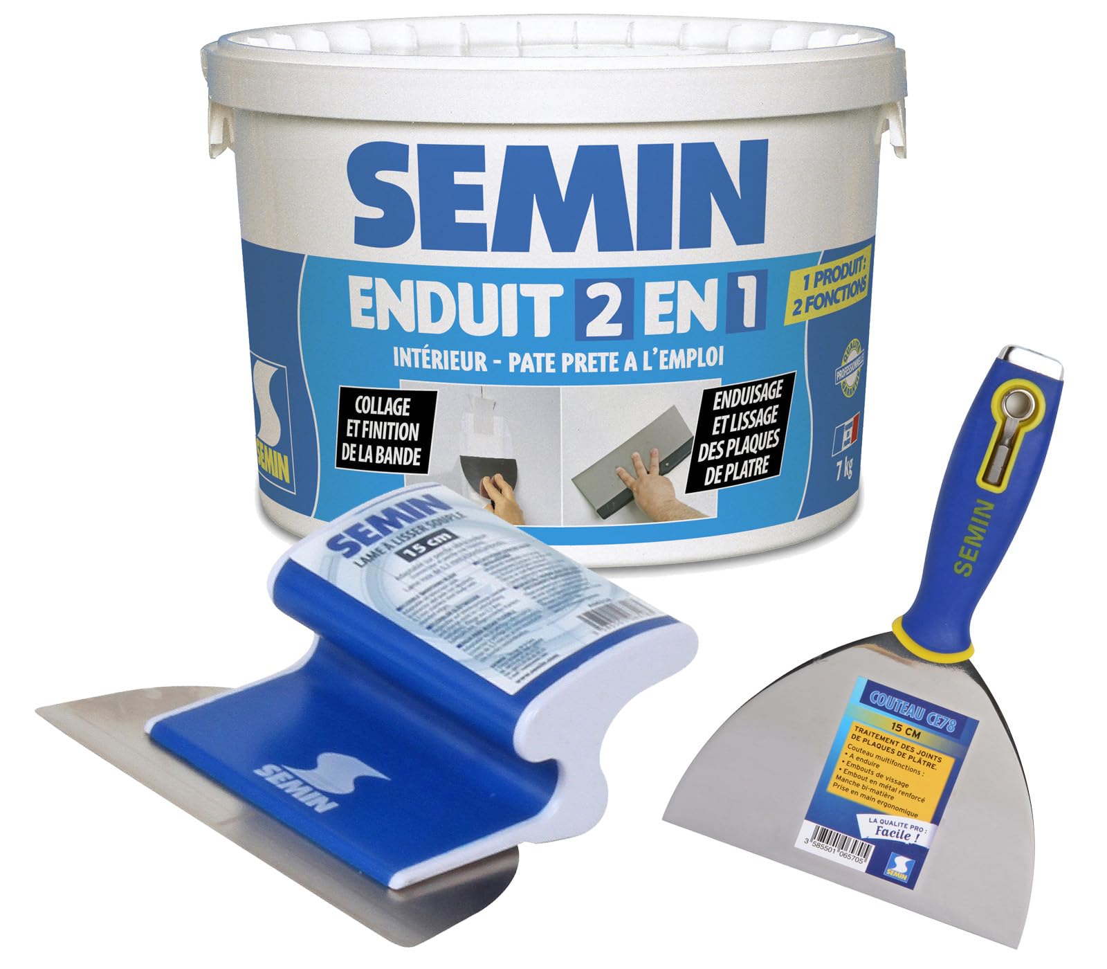 Semin A06057 Enduit 2 en 1 Multifonctions - Joint et Lissage Plaque de Plâtre, Intérieur, Seau de 7 kg, A06570 Couteau à Enduire, 15 cm et A06318 Lame CE 78 pour Enduire et Lisser, 15 cm