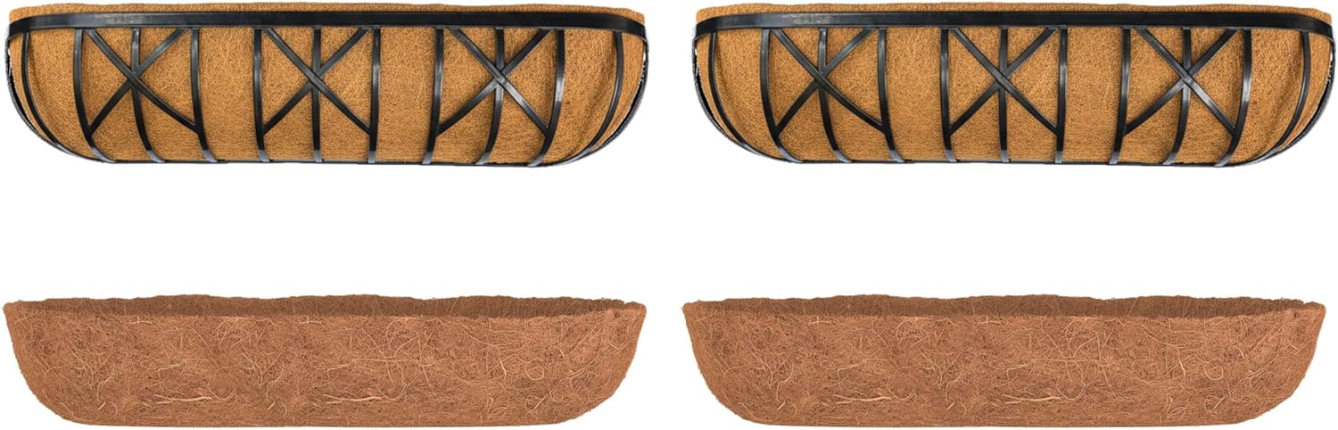 LaLaGreen Bundle- 2 Pack, 36 Inch Rectangular Metal Basket with Coco Liner + 2 Pack, 36 Inch Coconut Coir Insert Outdoor Hanging Flower Planters Rail Windows Deck Fence Wall Mount Balcony Garden Decor