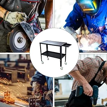 Mobile Welding Table 36 x 18, 1200lbs Load Capacity Heavy Duty Steel Welding Workbench Table on Wheels, Portable Work Bench with Braking Lockable Casters, 4 Tool Slots, Extra Middle Shelf