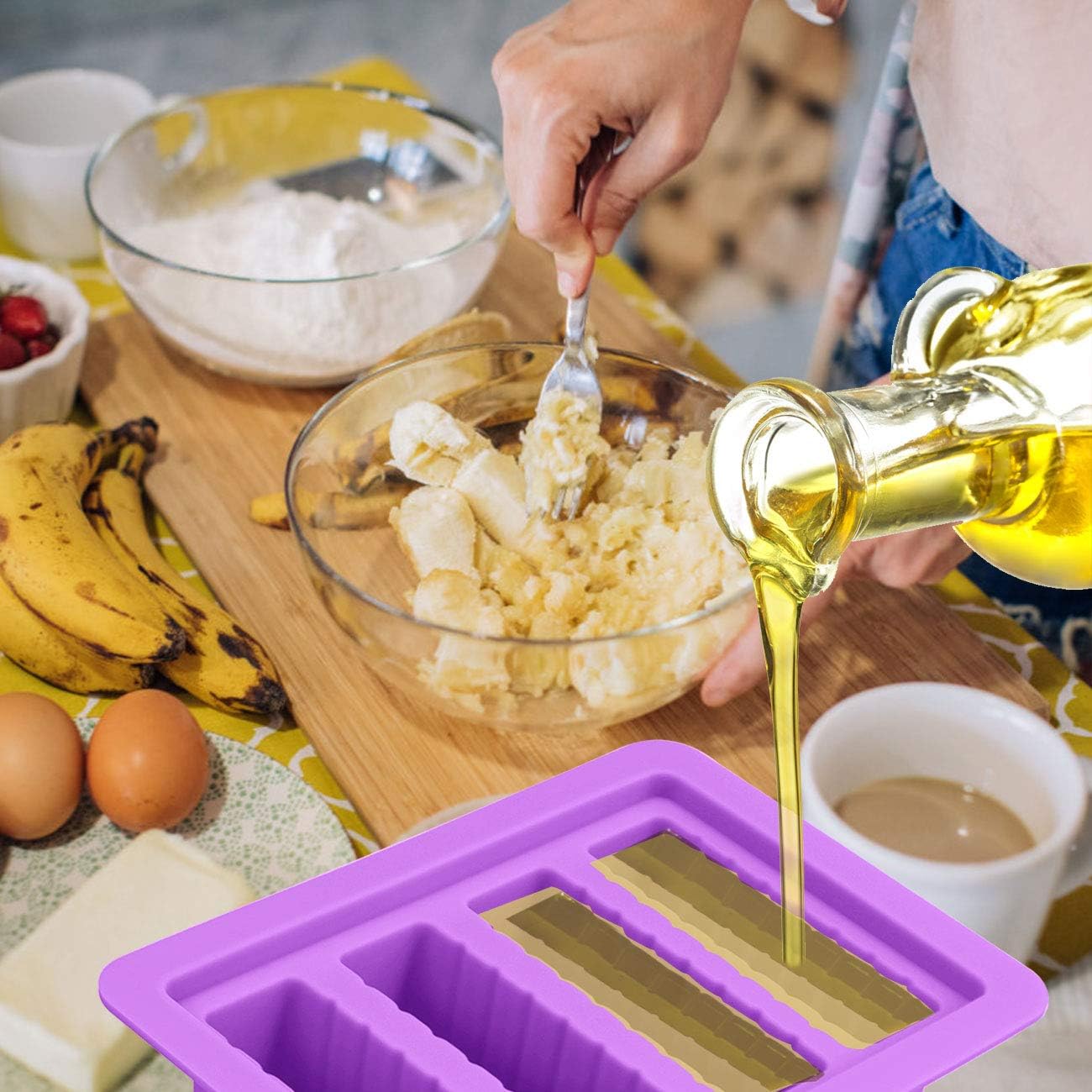 Juome Silicone Butter Tray Mold with Lid, The Butter Maker with Lid Storage Jar Large 4 Cavities Rectangle Container for Butter, Soap Bar, Energy Bar, Muffin, Brownie, Chocolate, Cake (Purple)