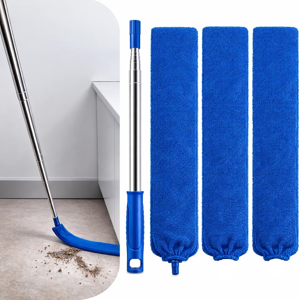 Retractable Gap Dust Cleaner with Extension Pole 30'' to 100'', Cleaning Tools with 3 Microfiber Dusting Cloths, Extendable Long Handle Duster for Cleaning Under Refrigerator Furniture Appliance Blue