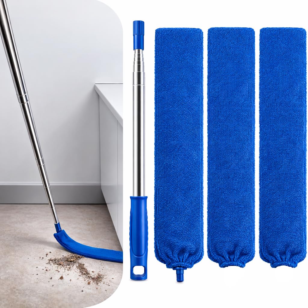 Retractable Gap Dust Cleaner with Extension Pole 30'' to 100'', Cleaning Tools with 3 Microfiber Dusting Cloths, Extendable Long Handle Duster for Cleaning Under Refrigerator Furniture Appliance Blue