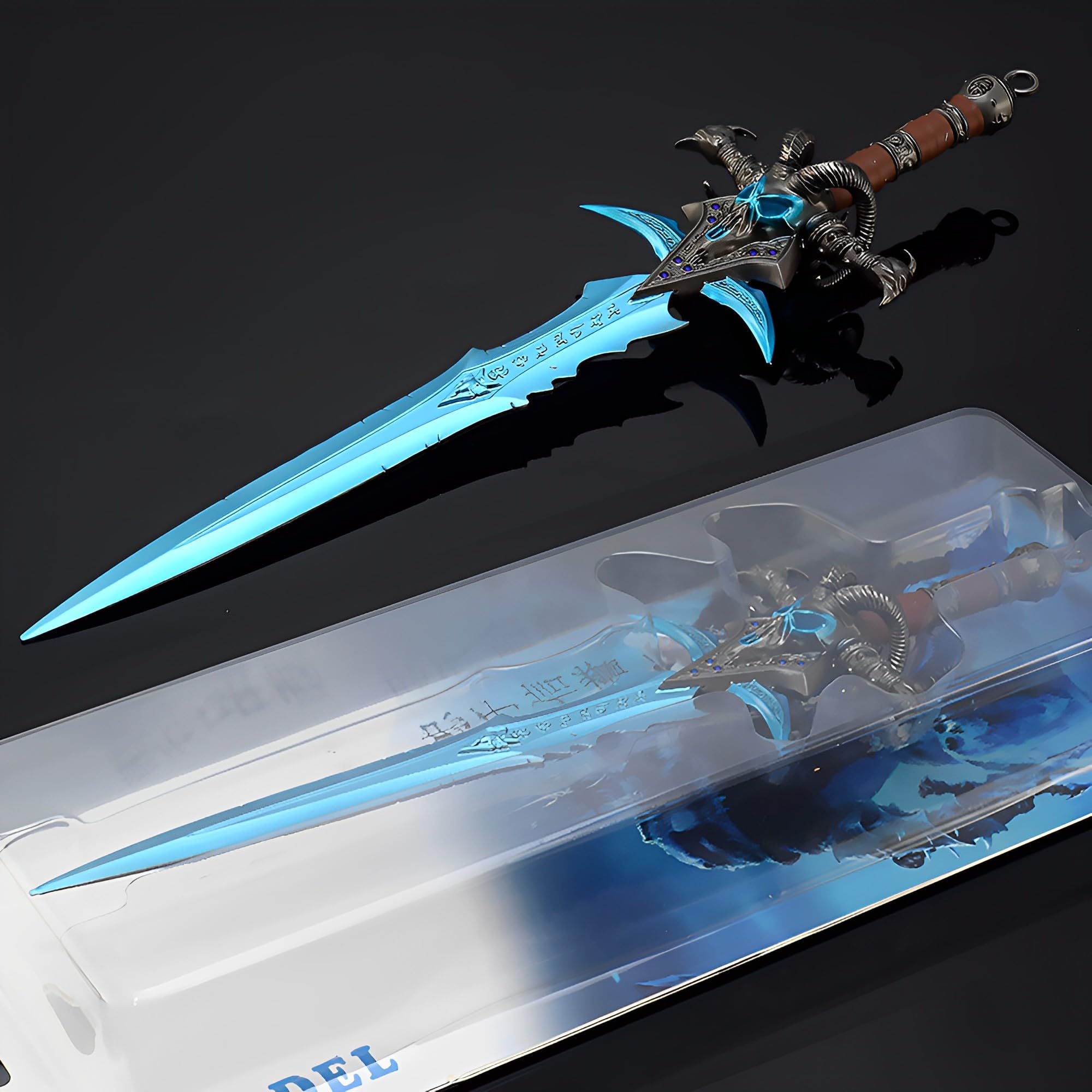 Modèle Greatsword, Modèle Frostmourne, Coloration Effet givré, Longueur 30 cm, entièrement en métal avec Support d'exposition
