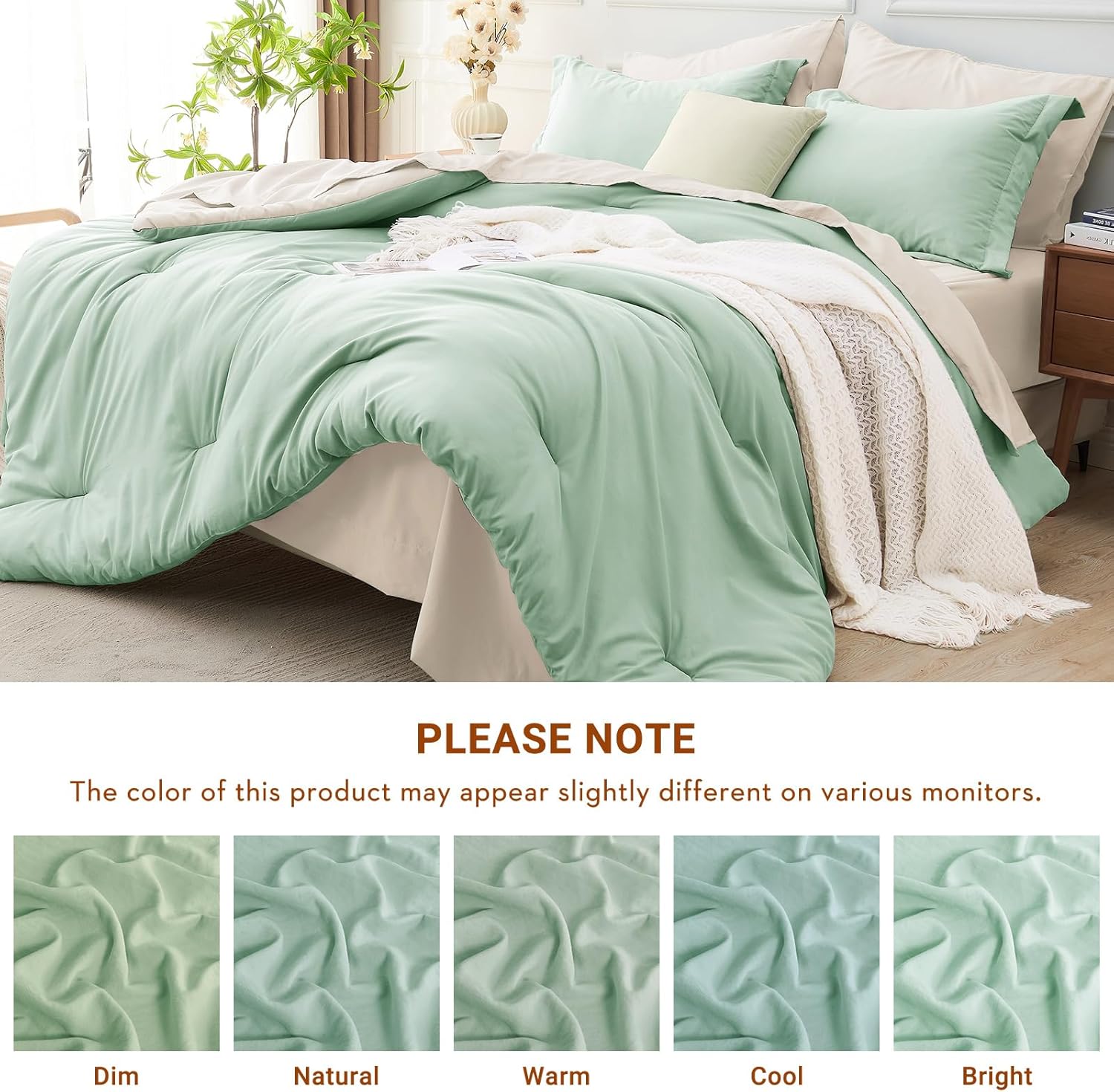 MUXHOMO 7 Pieces Queen Comforter Set, Soft Bed in a Bag Queen Size, All Season Bedding Set with Comforter, Flat Sheet, Fitted Sheet, Pillowcases & Shams, Sage Green & Beige