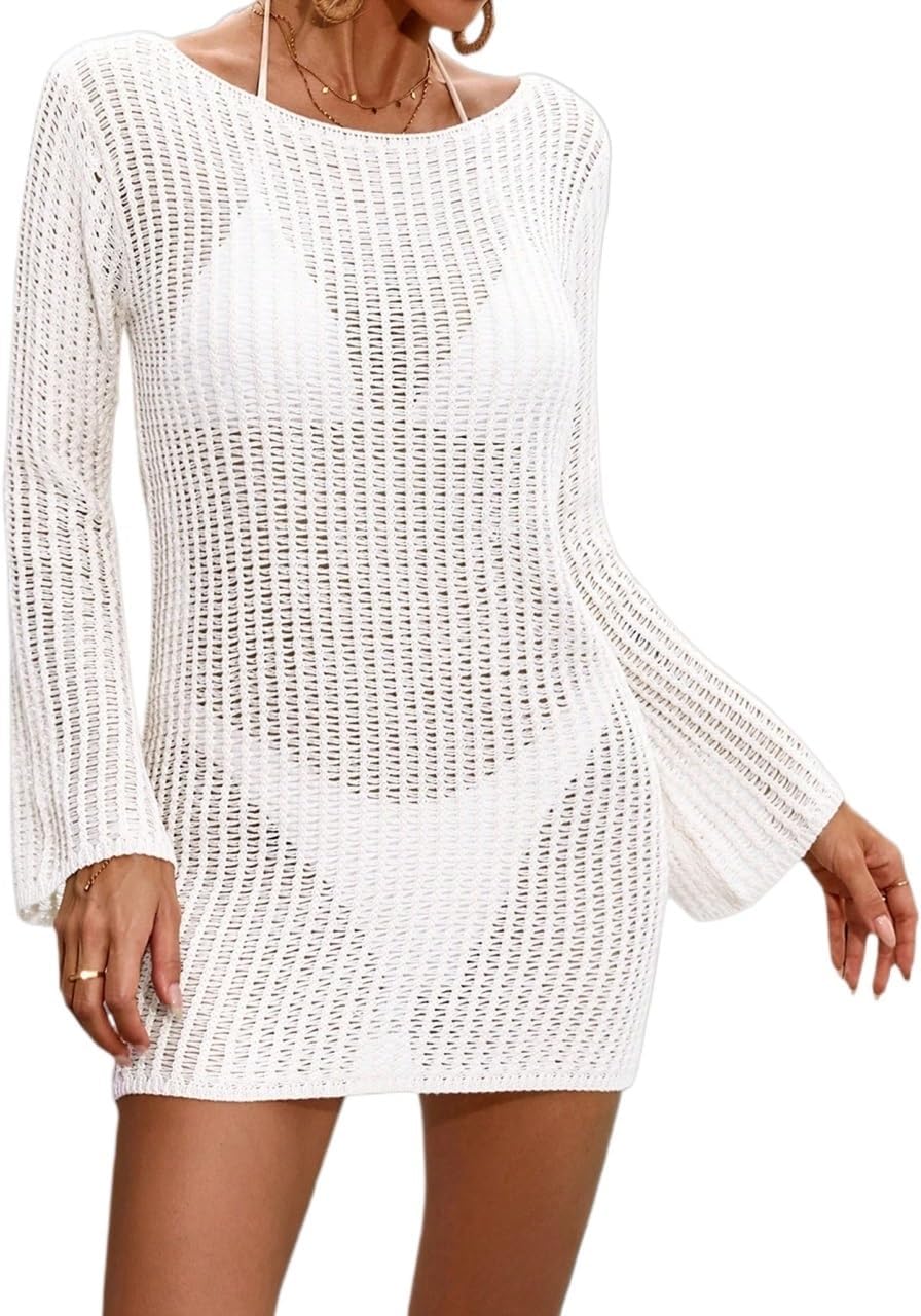 Womens Solid Color Airy Beach Sexy Hollow Long Sleeve Cover Up Mini Dress, Spring/Summer cover ups for swimwear