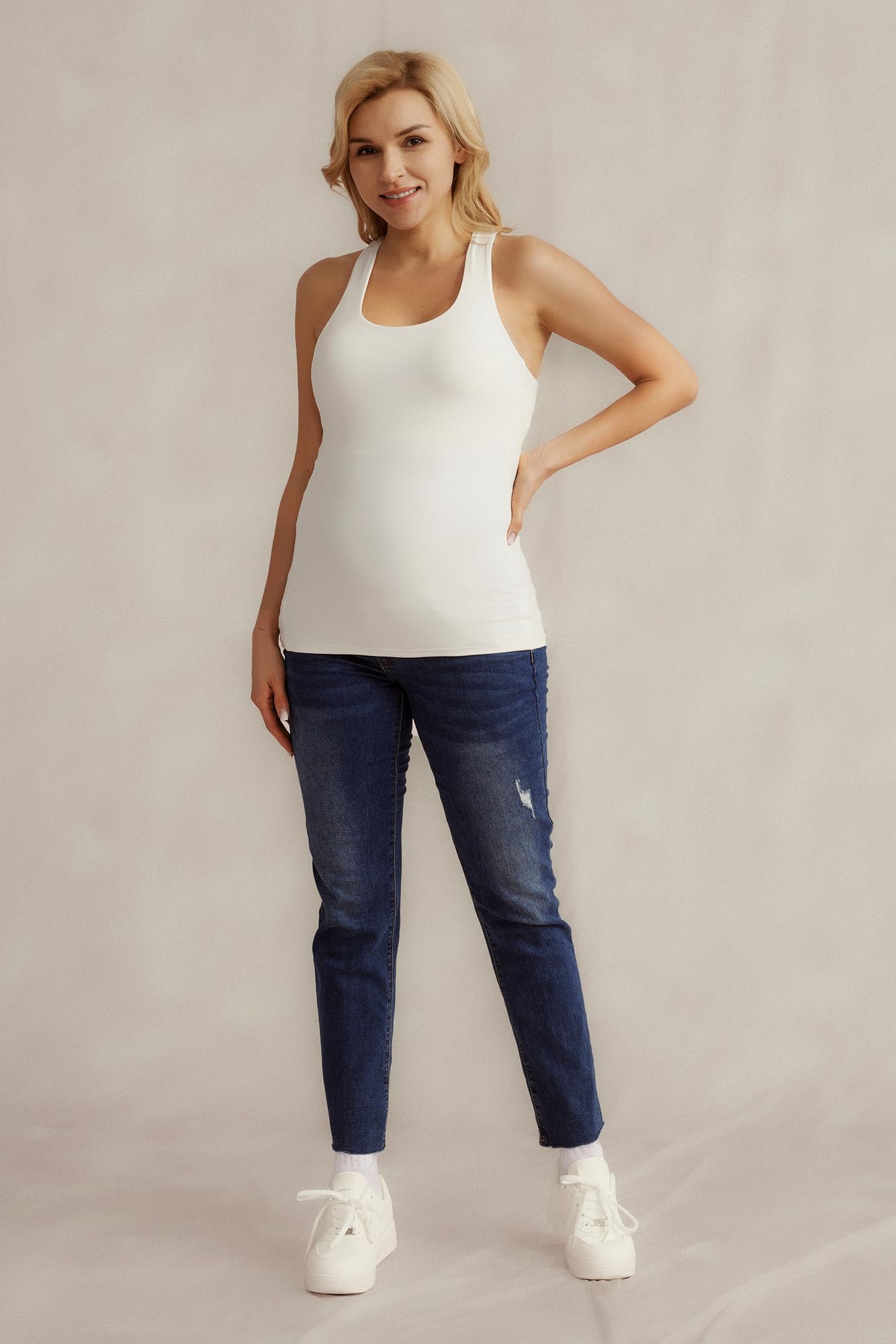 Maacie Schwangeren-Unterhemd Damen Umstands Tank-Top Frauen-Unterhemd Mit Langem Oberteil Ohne Stahlrin Weiß 2XL