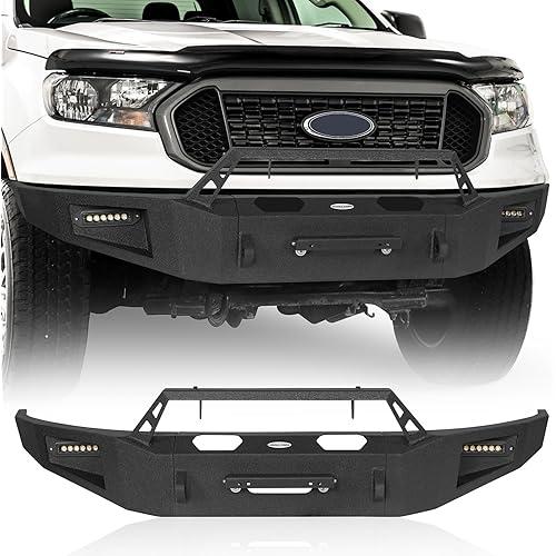 Hooke Road Ranger Bumper Heavy Duty Front Bumper for Ford Ranger 2019 2020 2021 2022 2023 Steel Bumper w/Winch Plate & LED Lights