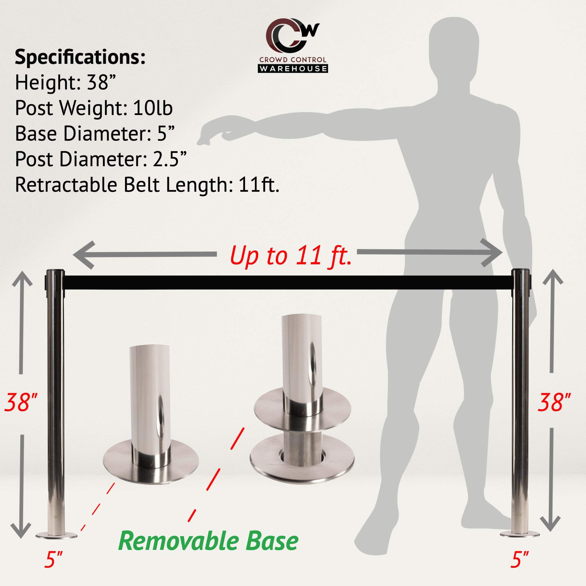 CCW Set of 2 Retractable Belt Barrier Stanchion, Removable Base, RRBB-100 (11 Foot Belt, Red with Satin Stainless Steel Post)