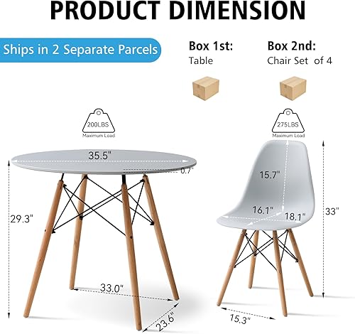 Miniatura 2 de Juego de mesa de comedor redonda de 5 piezas, juego de mesa de cocina pequeña de 35.5" con 4 sillas que ahorran espacio, asientos de plástico, patas
