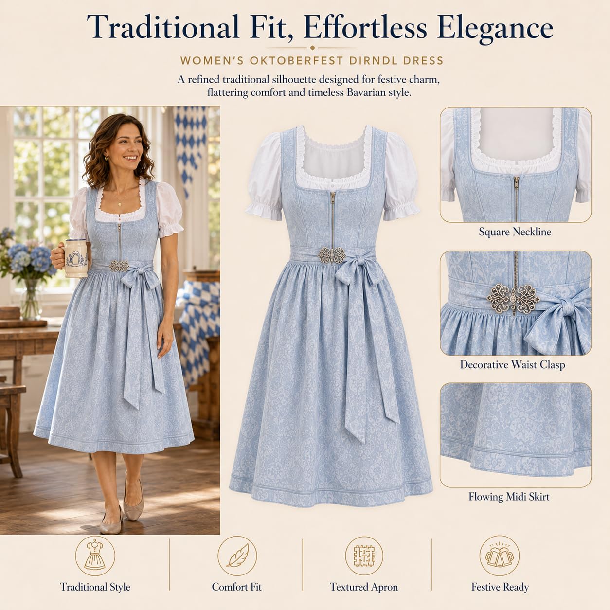 Dirndl Damen - 2 Teilig Oktoberfest Damen Outfit Midi Dirndlkleid Trachtenkleid inkl. Trachtenrock Dirndlschürze, Dirndl Kleidung Trachtenmode Kleid Schlicht Tracht Dirndlkleid Schürze Spitze Kleid