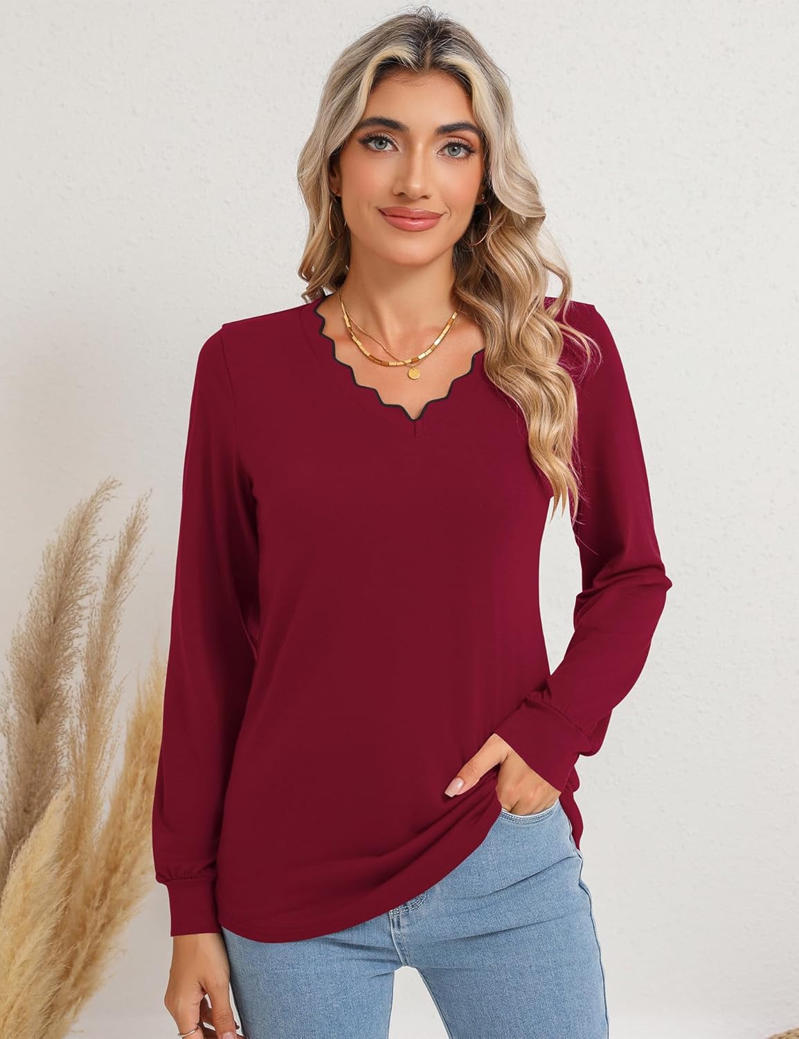 Rapbin Womens Shirts Dressy Casual Long Sleeve 2024 Tops Trendy V Neck Blouses 2024 Burgundy S - Image 3