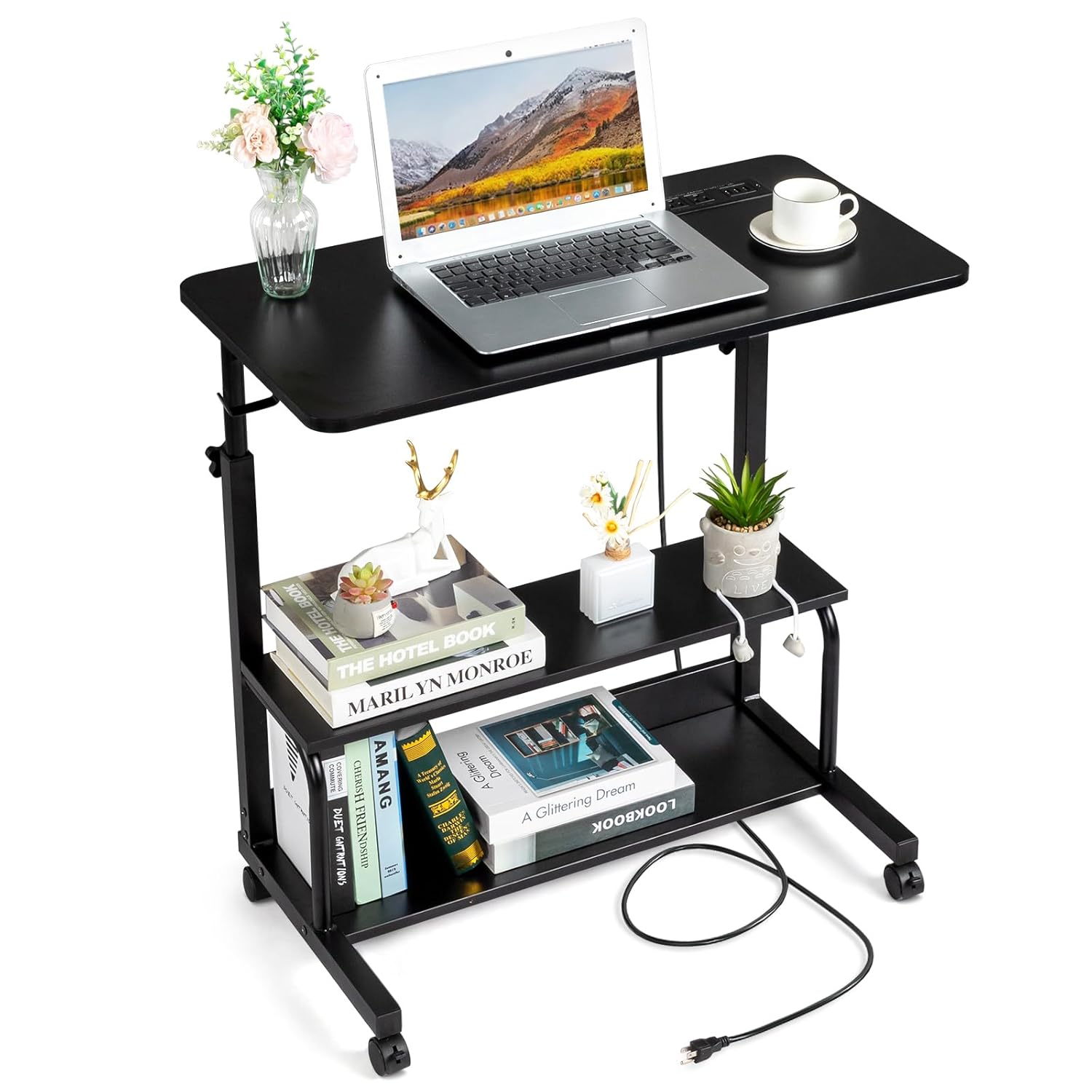 Mobile Home Office Desk with Power Outlet and 2 USB Charging Ports 3 Tiers Adjustable Height Standing Computer