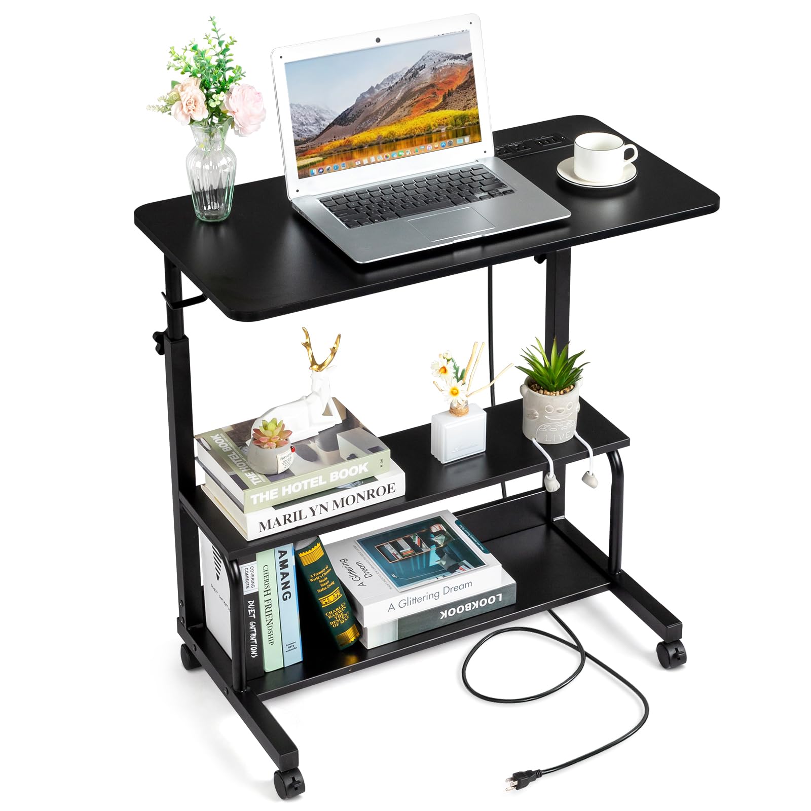 Karl home 31.5" Portable Rolling Desk on Wheels,Height Adjustable Standing Desk with 2 AC Outlets/3 USB Ports,Mobile Laptop Table with Hooks and