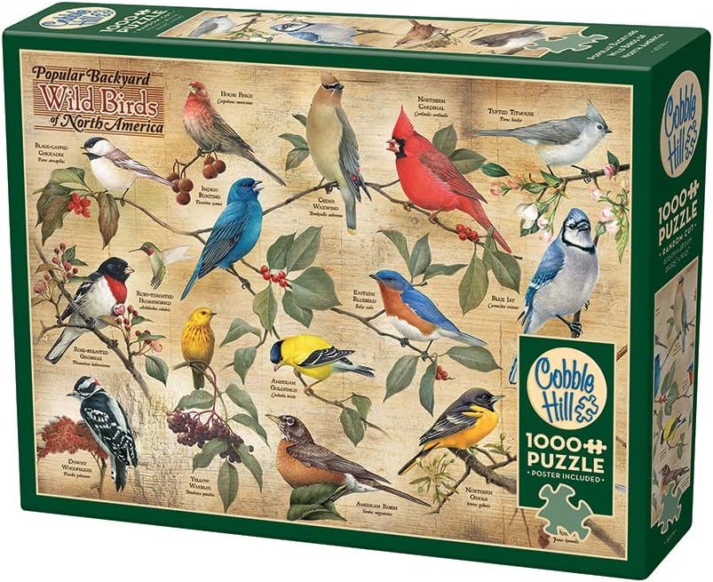 Cobble Hill 1000 Piece Puzzle - Popular Backyard Wild Birds of North America - Sample Poster Included