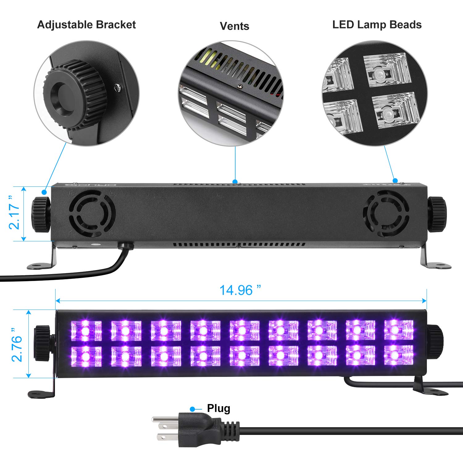 36 LED Black Light, 2 Pack 54W LED UV Bar Blacklight with Remote