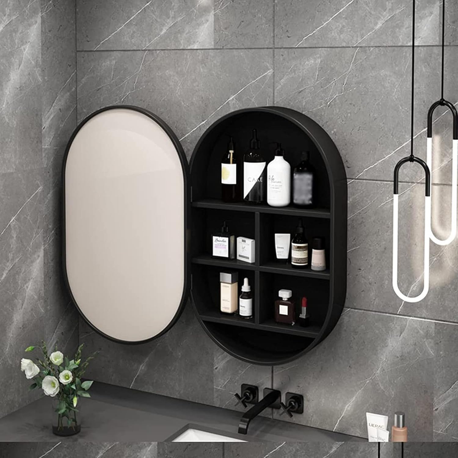 Mirror 2-in-1 Mirror Cabinets Bathroom Wooden Oval Wall Mirror Waterproof Cabinet with Mirror Wall Mounted Vanity Mirror Storage Orga ?Medicine Cabinet,Black,80cmX50cmX14,Black-80cmX50cmX14cm