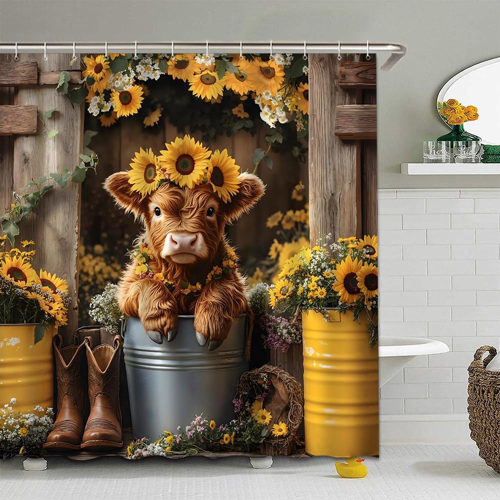 Cute Highland Cow Shower Curtain Farmhouse Sunflower Rustic Vintage Western Cowboy Funny Cows in Bucket Country Cattle Bull Floral Bathroom Curtain Set Polyester Fabric Hooks 70 X 90 Inch