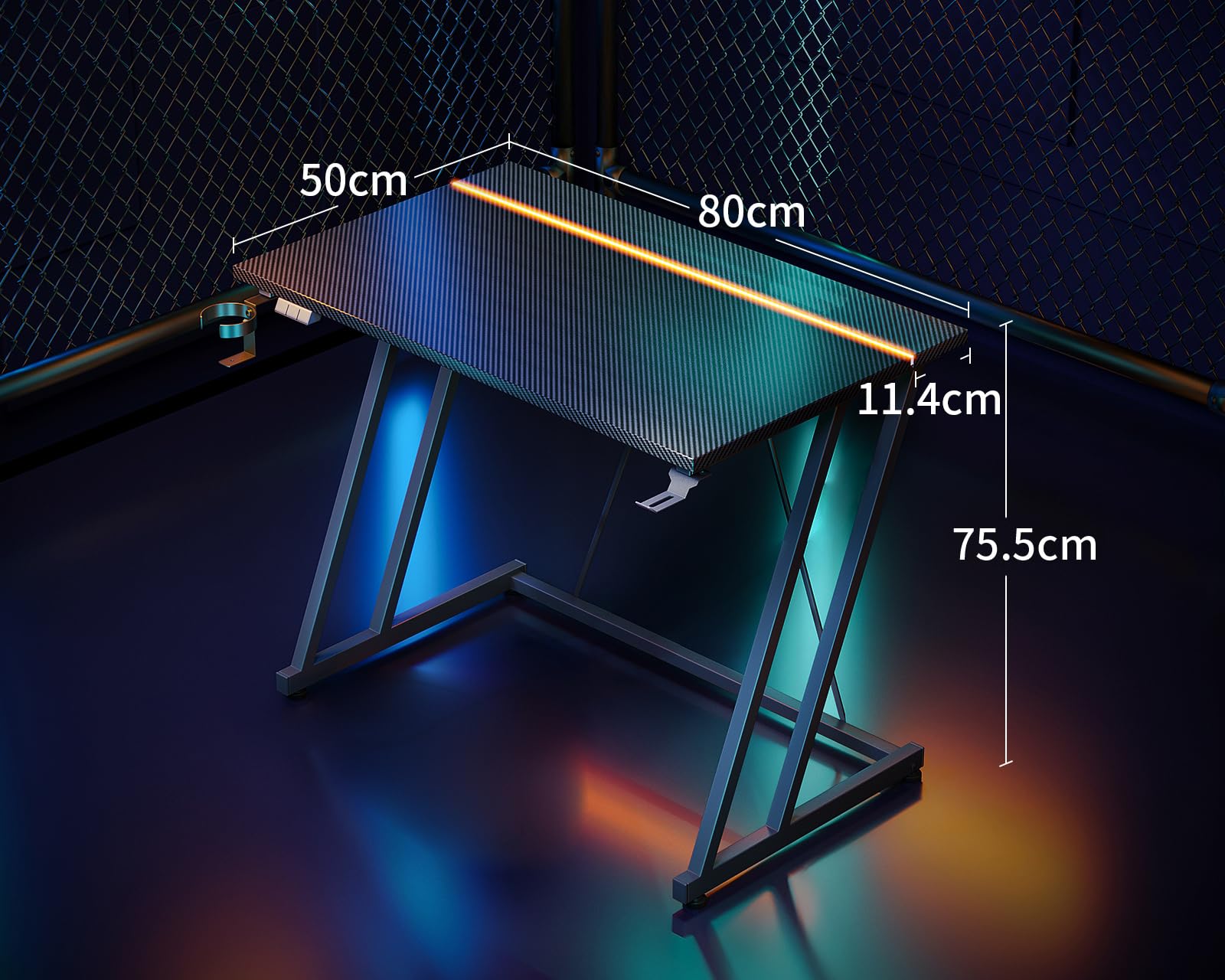 ODK 80 × 50 cm Mesa Gaming con Luces LED, Escritorio Gaming con Soporte para Taza y Gancho para Auriculares, Diseño Doble Z Mesa Mesa Ordenador Fibra de Carbono Negro