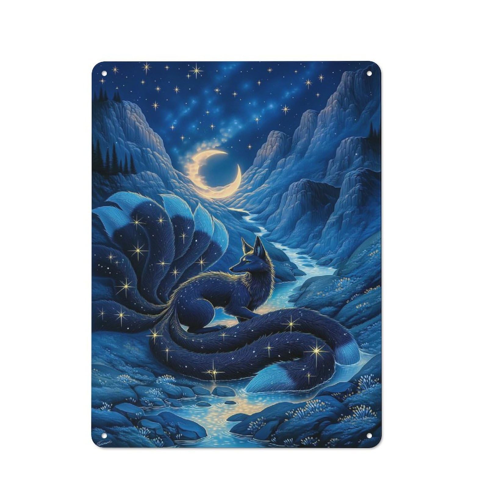 Junmoney Style-22 Mythical Fox Under A Crescent Moon Rustic Metal Sign 40X30cm For Pub Or Café, For Collectors Of Rustic Metal Wall Decor