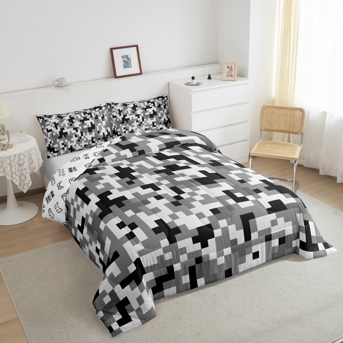 Grey Black Camo Comforter Set Twin Size,Geometric Pixelated Themed Bedding Sets 2Pcs for Kids Girls Boys Teens Room Decor,Modern Camouflage Down Comforter Video Games Duvet Insert,1 Pillowcase image 3