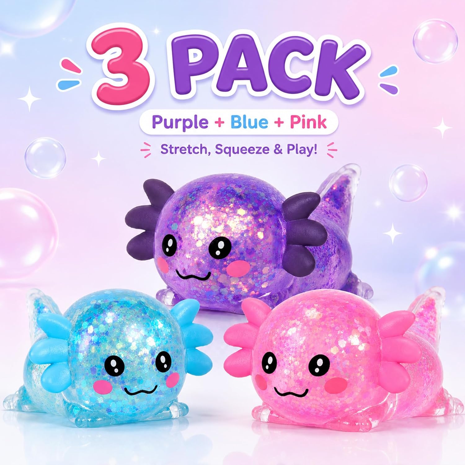 Axolotl Squishy Stress Relief Cute Glitter Squishes Axolotl 3 Pack image 3