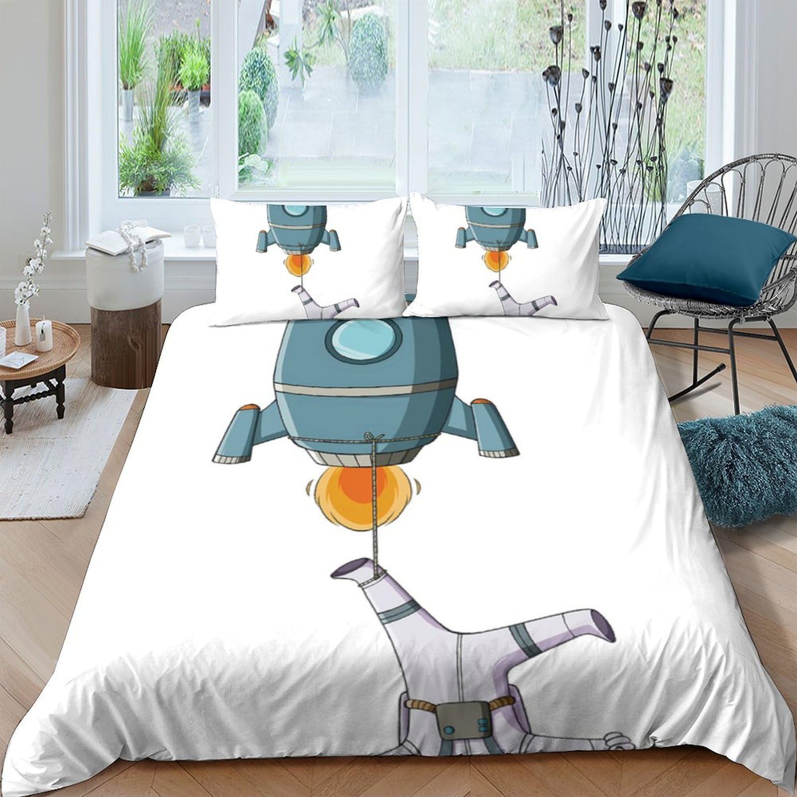 Ctjqhvkz Style-1 3D Printed Rocket Cartoon Fitted Sheet Microfiber Soft White Astronaut Mattress Cover For Bedroom Dorm Decor Single（135X200cm）