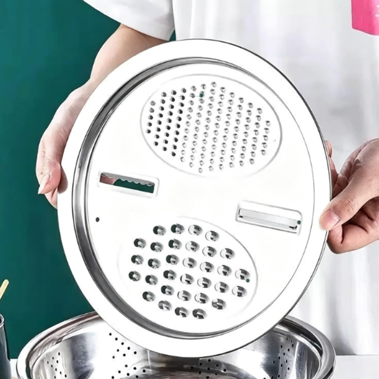 Mandolina Cocina, Picadora Manual de Acero Inoxidable 3 en 1, Colador para Lavar Arroz, Juego de Ralladores Cocina con Cesta Drenaje, para Queso, Zanahorias y Patatas
