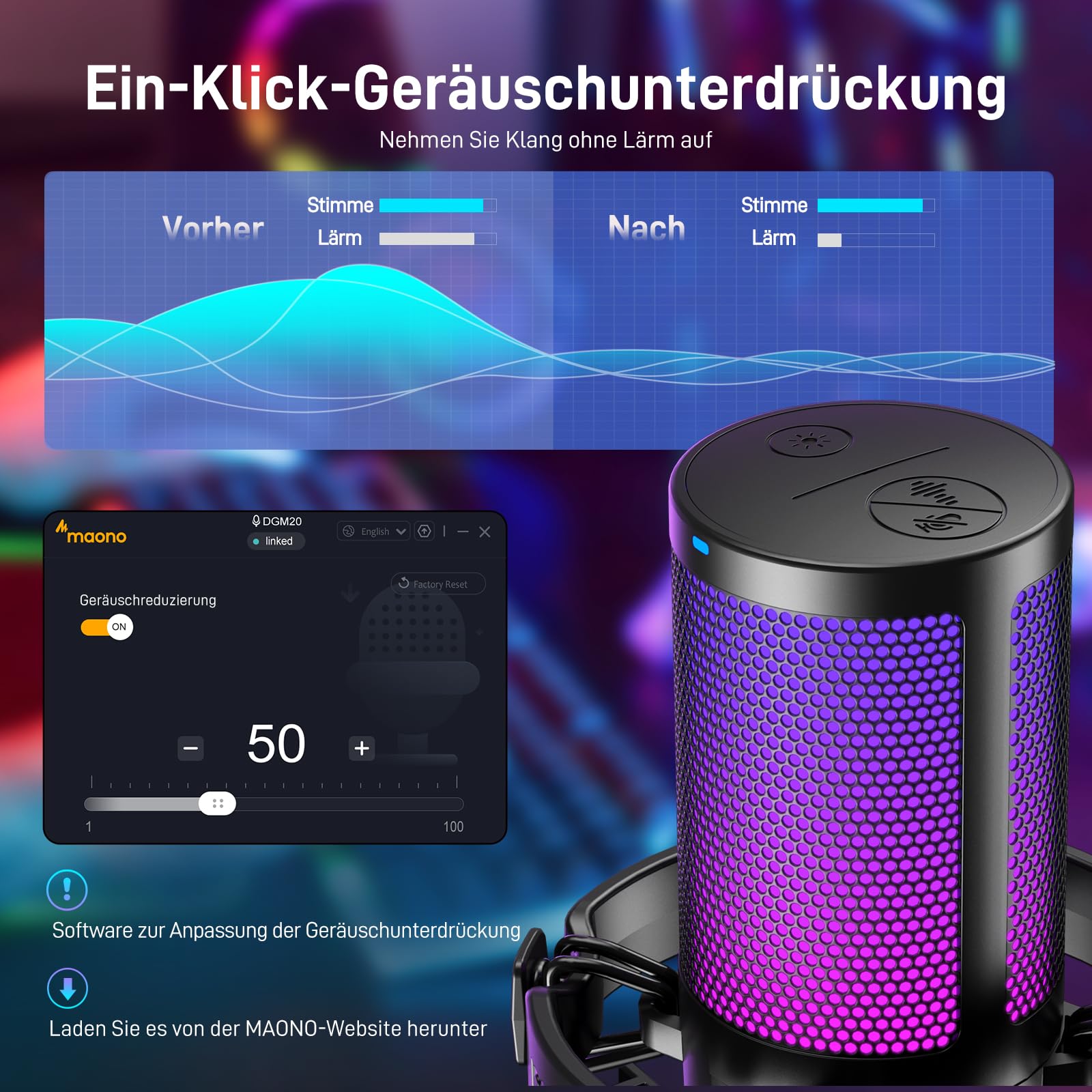MAONO Microfono Gaming RGB, Microfono a Condensatore con Cancellazione del Rumore per Streaming Podcast Studio, Microfono USB per PS5/PS4/Mac - Luce RGB, Disattivazione One-Touch, Controllo Guadagno