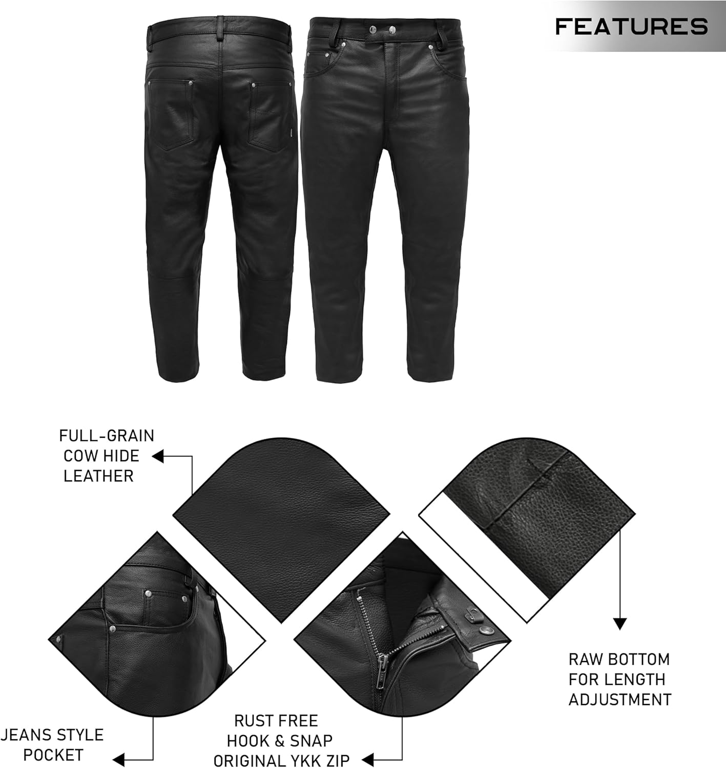 Touch&Torn Leather Pants Motorcycle Pants for Mens 30" to 44" Waist Jeans Style Pant with 5 Pockets Motorbike Pant for Biker - Image 3