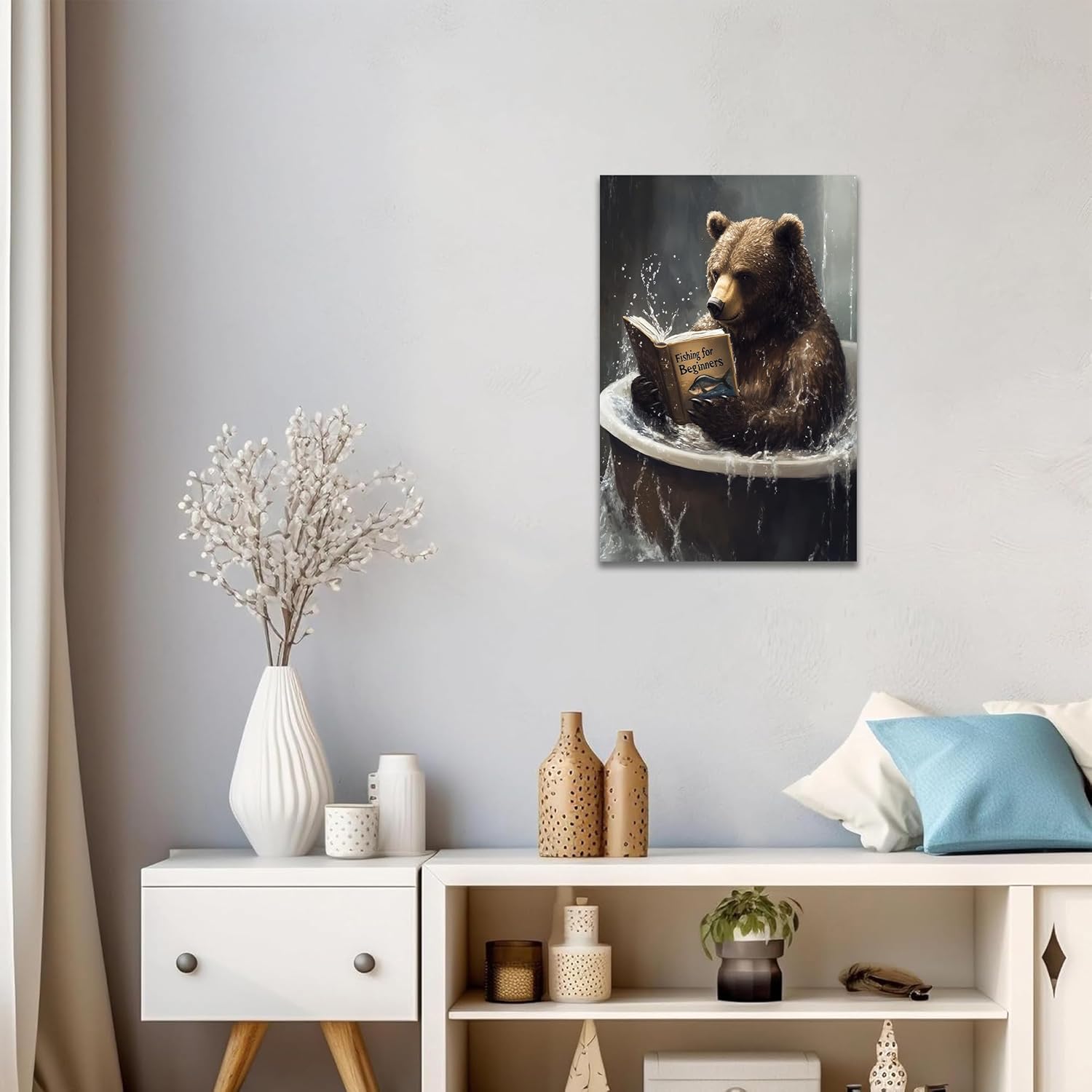 UZMKM Bear Wall Art Canvas Prints, Funny Animal Reading in Bathtub Animal Wall Art, Nature Forest Painting, Bear Bathroom Decor, Nursery Pictures, Framed Canvas Art Poster Picture 18x24 Inch