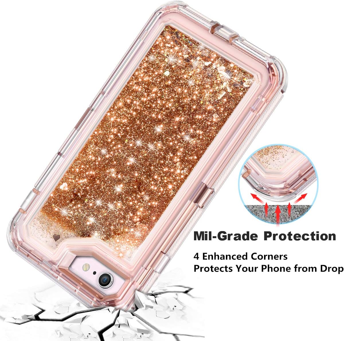 Coolden Case for iPhone SE 2020 Cases Protective Glitter Case for Women Girls Cute Bling Sparkle Heavy Duty Hard Shell Shockproof TPU Case for 4.7 Inches iPhone SE 2nd Generation 8 7, Rose Gold