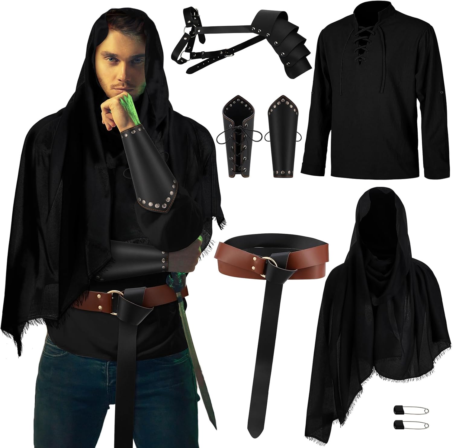 Leumoi Juego de 5 piezas de disfraz renacentista medieval para hombre, camisa de pirata vikingo, chal vikingo, accesorios de Halloween, cosplay