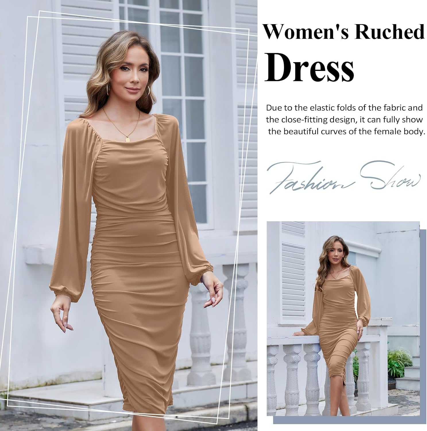G&Y Women's Lantern Long Puff Sleeve Mesh Ruched Bodycon Dress-Square Neck Cocktail Party Clubwear Midi Dresses - Image 4