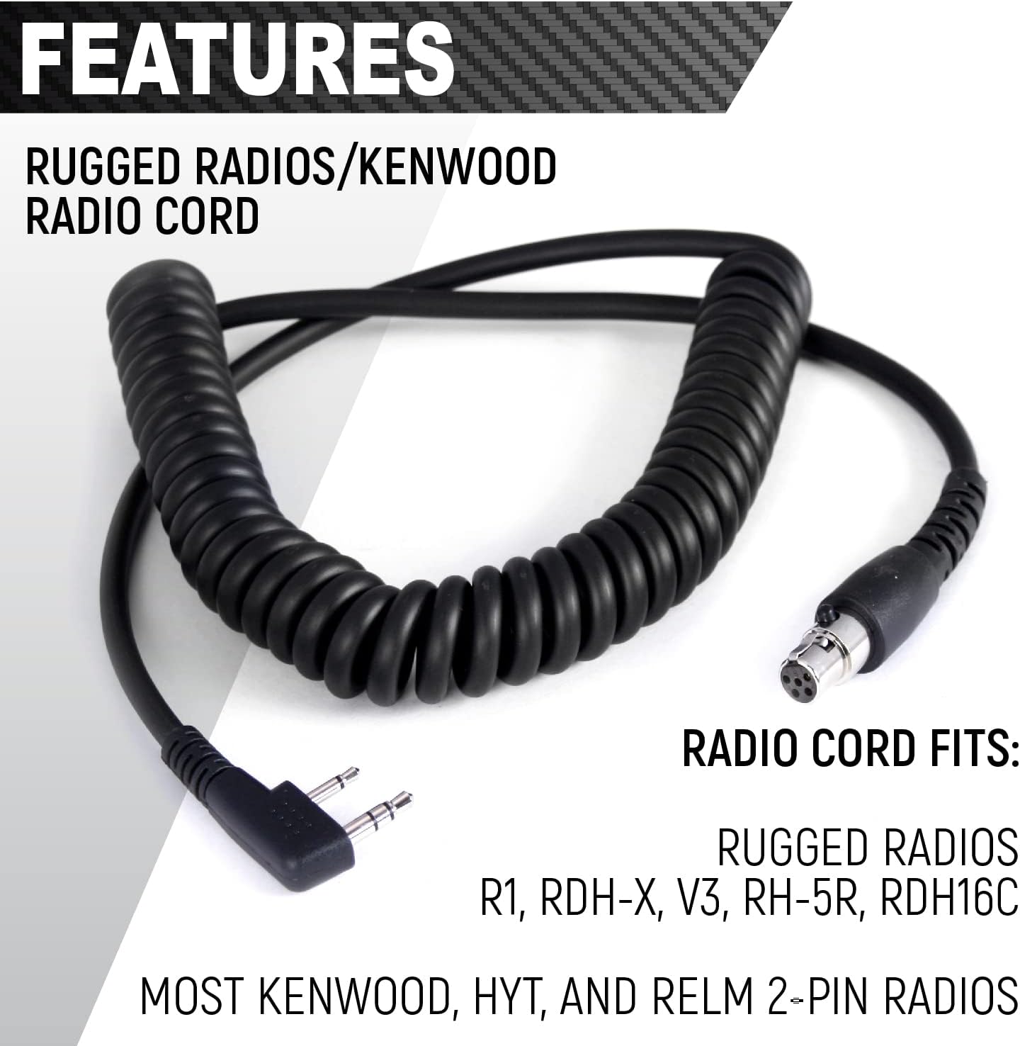Rugged Carbon Fiber Behind The Head Headset and Adaptor Cable for Racing Radios Electronics Communications Kenwood & Baofeng – Features 2-Pin to 5-Pin Coil Cord Volume Control Knob 3.5mm Input Jack