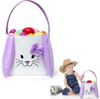 Qavctw Easter Bunny Baskets,Easter Bunny Egg Bags Rabbit Pattern Design Canvas Cotton Basket Egg Gift Bags Tote Bags
