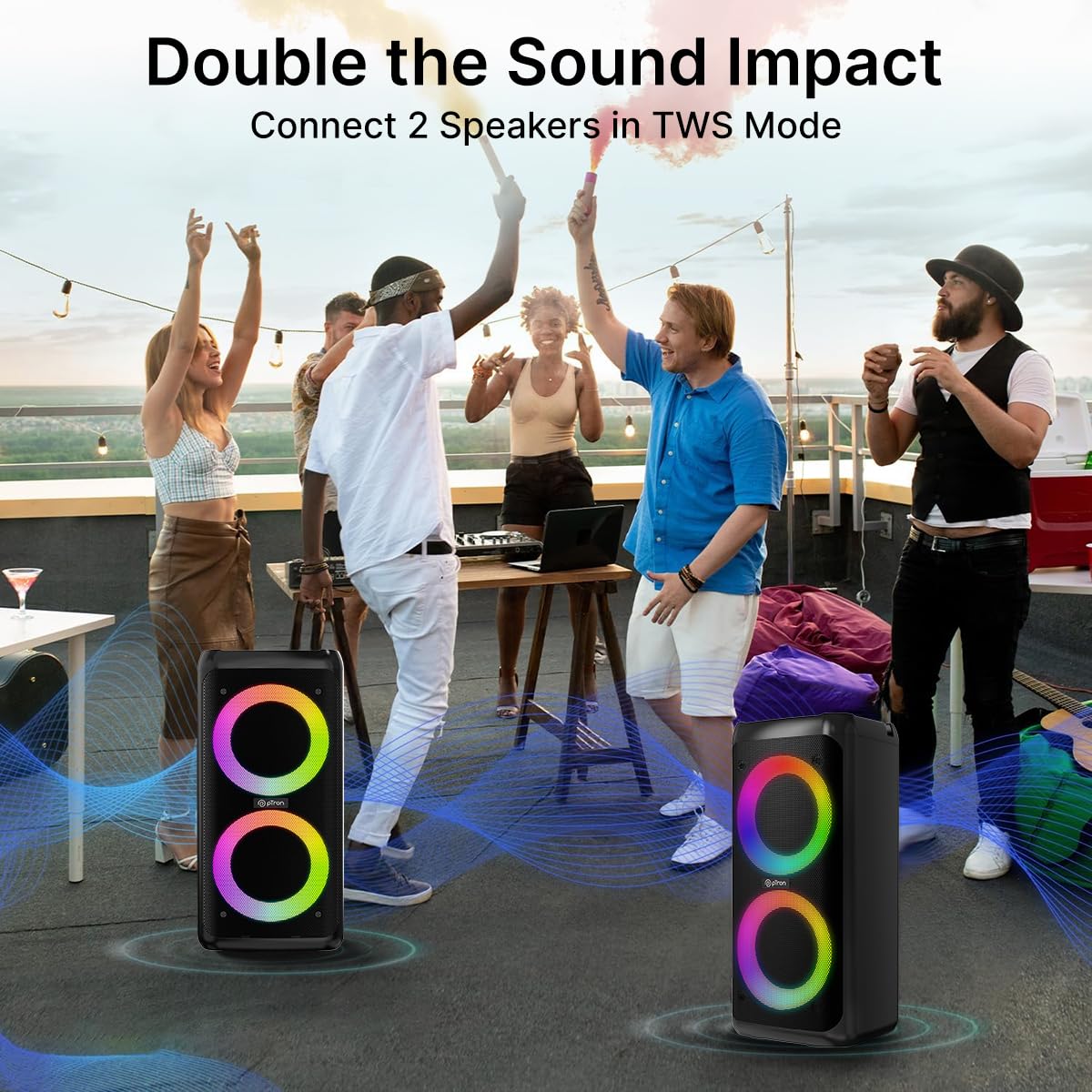 Two pTron Fusion Saga speakers connected wirelessly for TWS stereo sound