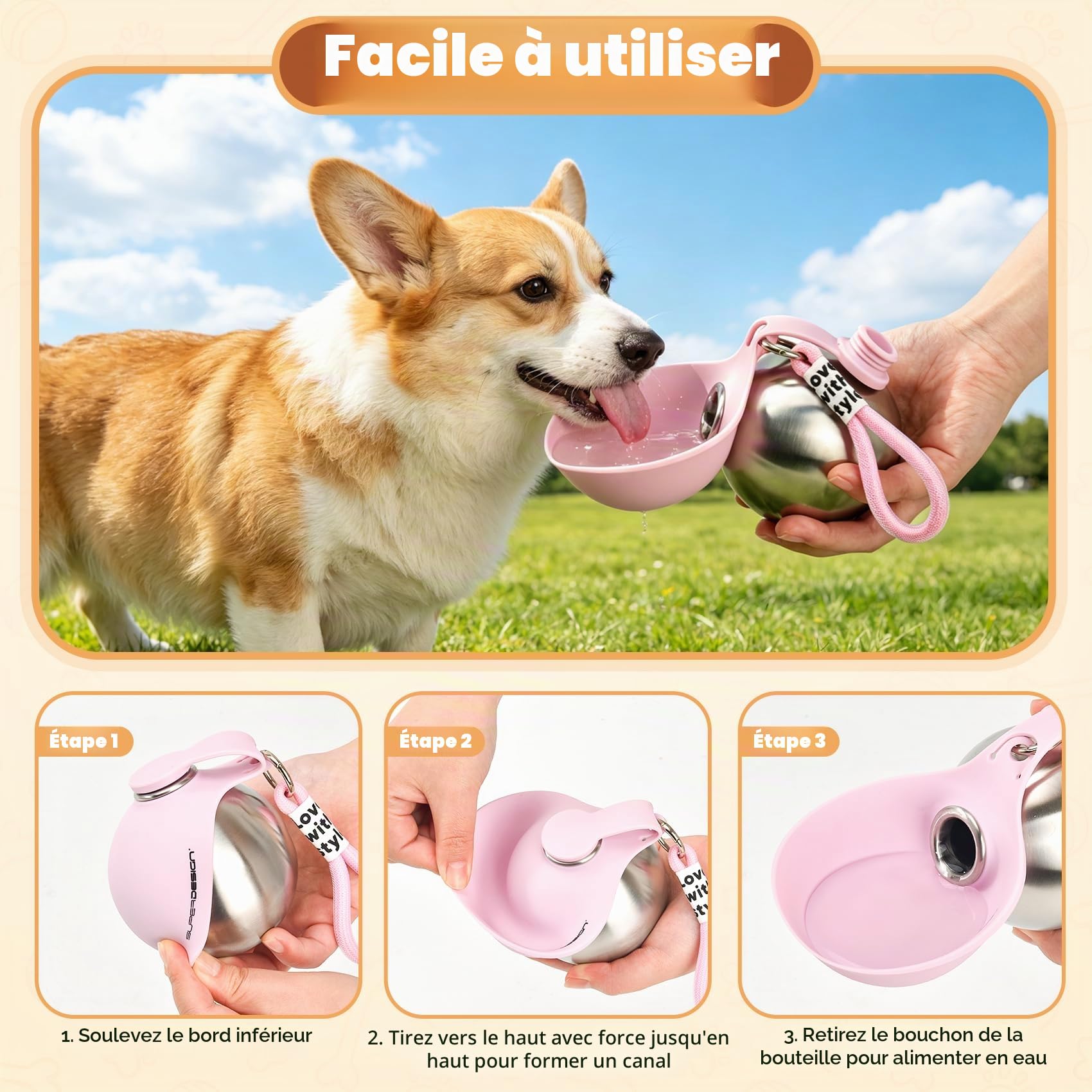 Gourde pour Chien Promenade, 285ml Bouteille Eau Chien en Acier Inoxydable, Gourde Anti-fuite avec Gamelle Pliable en Silicone, Bouteille d'eau Portable pour Chien pour Balades Voyages Camping