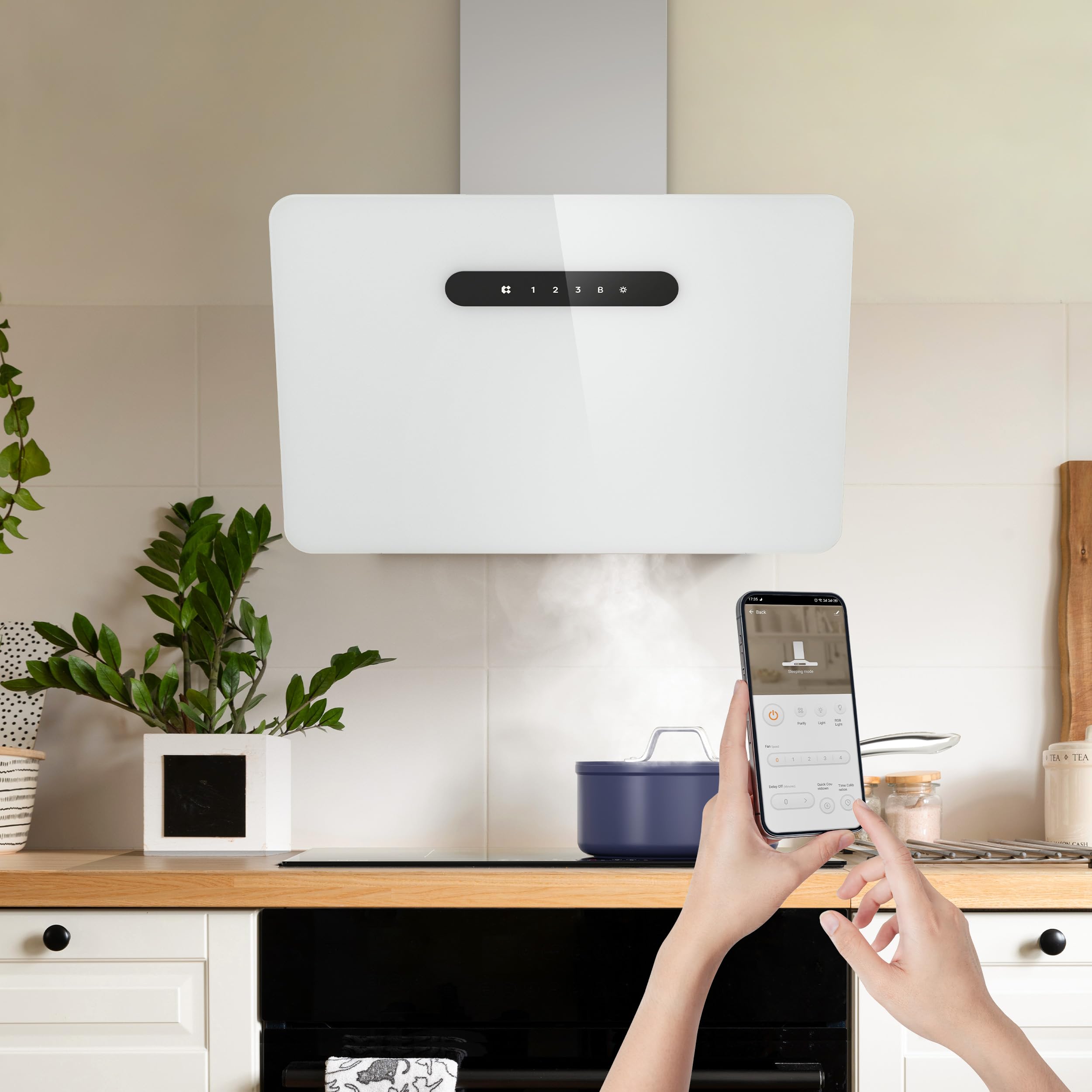 Ciarra A+++ Cappa Aspirante 60cm 650 m³/h - APP WiFi Connessa - Cappa Inclinata - 3 Velocità - Filtri al Carbone Inclusi - Evacuazione o Riciclaggio - Bianco -CBCW6736K