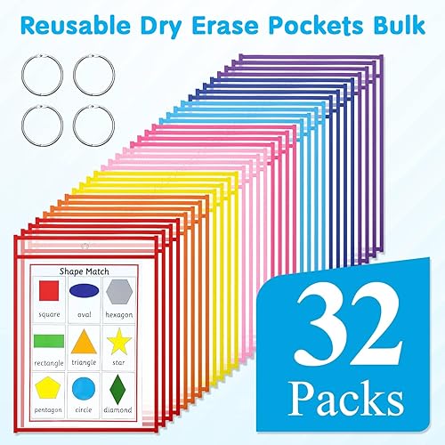 Miniatura 4 de Paquete de 32 fundas de bolsillo de borrado en seco con anillos, fundas de papel de plástico de 10 x 14 pulgadas, soportes transparentes para