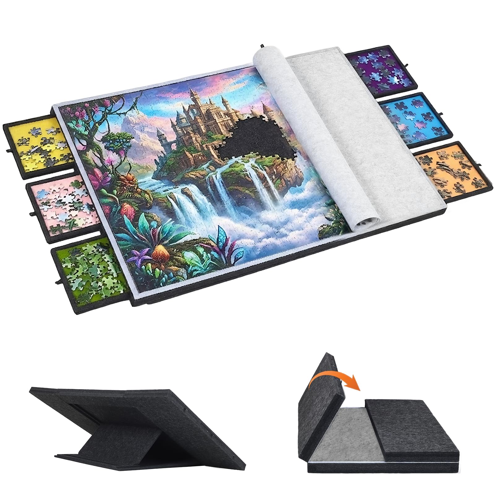 Planche Puzzle Pliable 2 en 1 avec 5 Angles d'inclinaison réglables, Table Puzzle en Feutre de 2000 pièces, 6 tiroirs Amovibles et Housse de Protection, Portable, inclinable