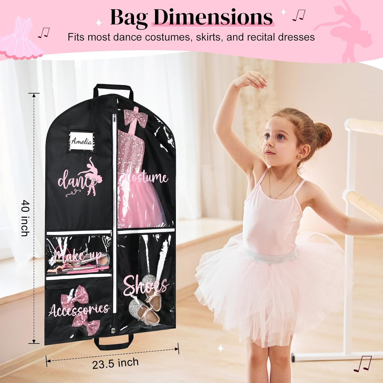 DEEKA Dance Garment Bag for Hanging Clothes with Zipper Pockets Dance Accessories Essentials Uniform Costume 40 Inch Dress Bags for Dance Competition Girls (Black,Pink-Dance) - Image 2