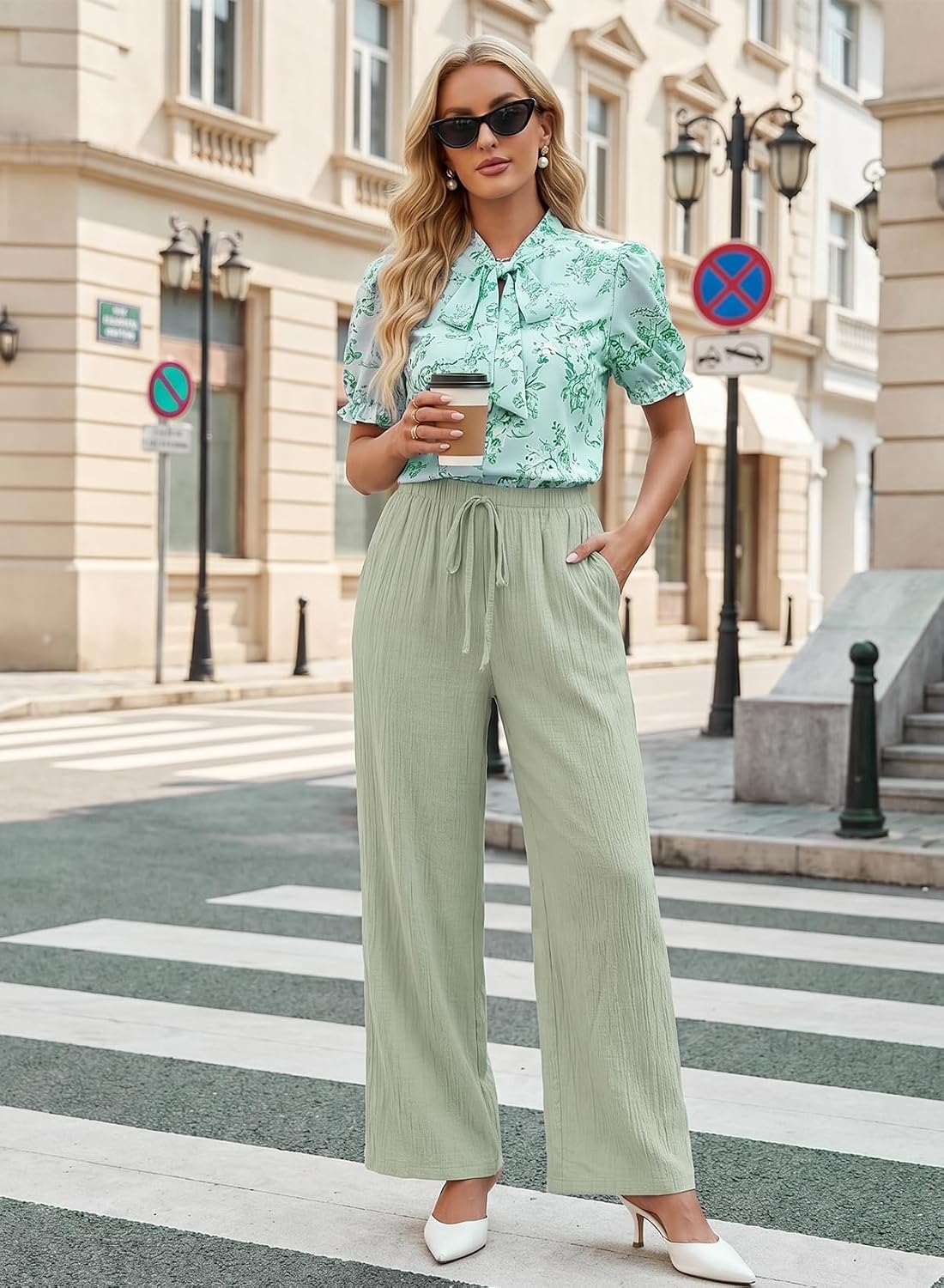 Acelitt Women's Linen Pants Wide Leg Beach Trousers with Pockets