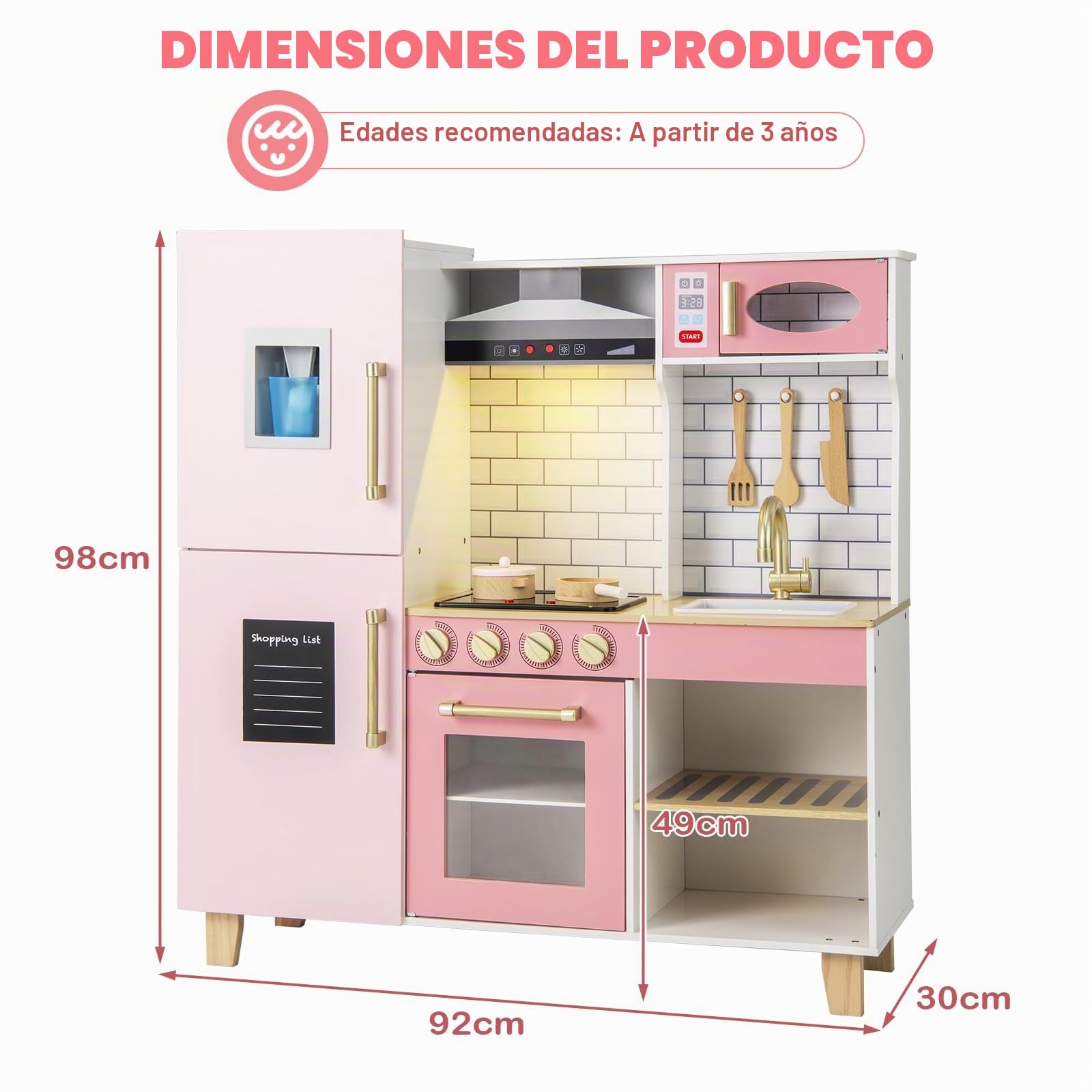 HOMASIS Cocina de juego de madera con máquina de hielo y accesorios de cocina, juego de cocina para niños con luces y sonidos, para niños de 3 años o más, 92x30x98 cm, rosa